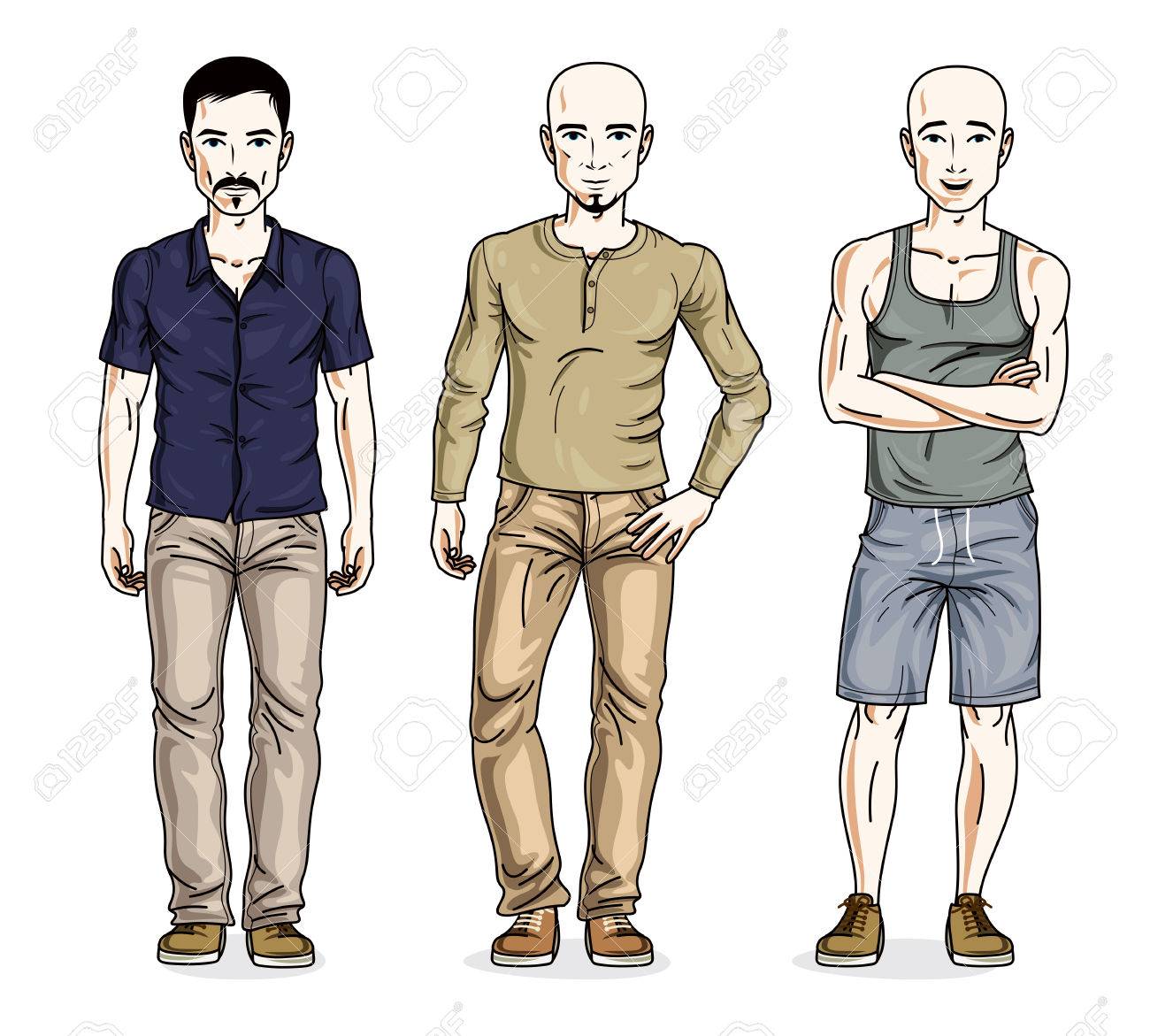 ハンサムな男性がポーズをスタイリッシュなカジュアルな服で 多様な人々 のベクター イラストを設定します ライフ スタイルのテーマの男性キャラクター のイラスト素材 ベクタ Image
