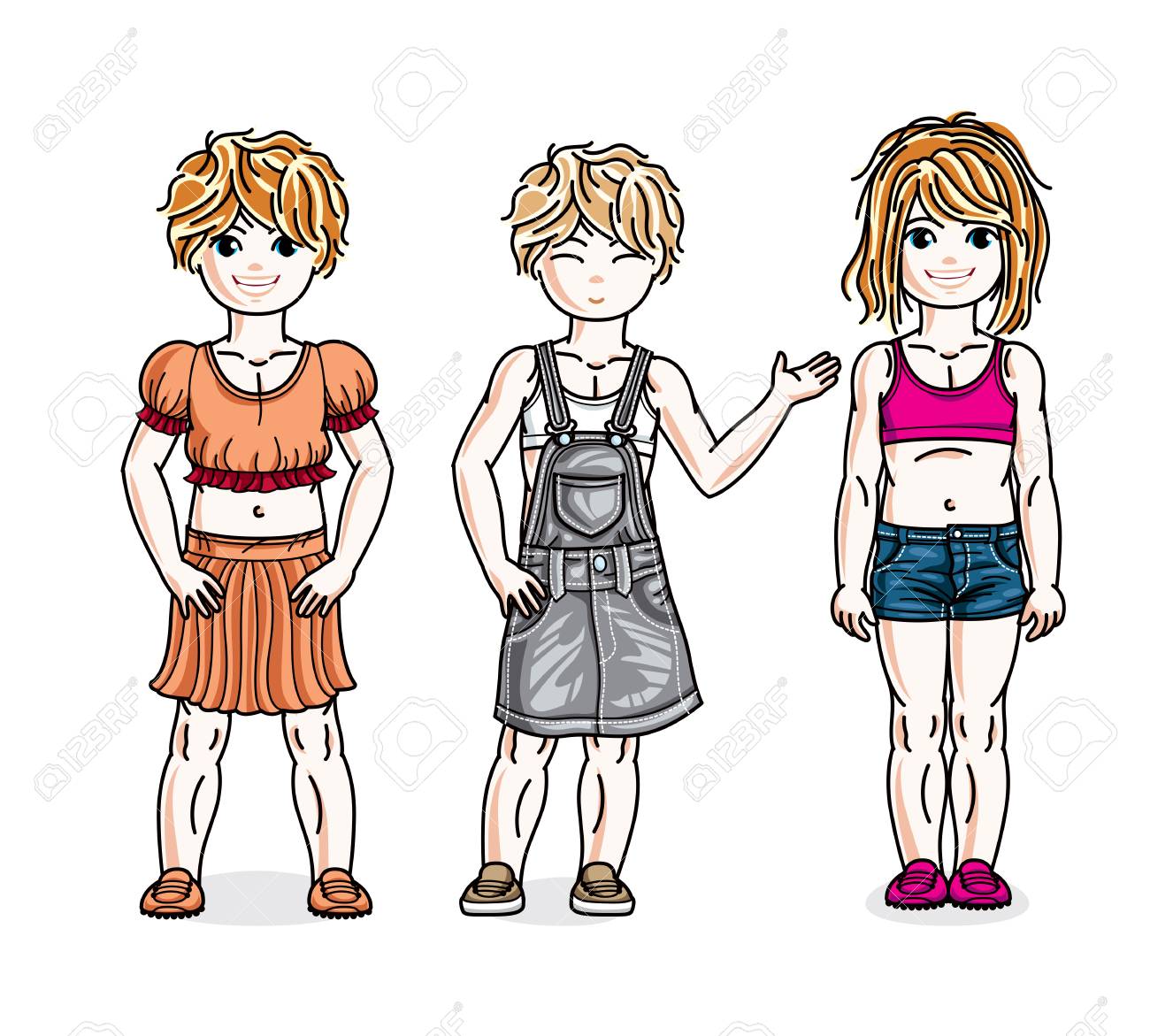 女の子はかなりファッショナブルなカジュアルな服を着て立っています 美しい子供たちイラストのベクトルを設定します 子供の頃や家族のライフ スタイルのクリップアート のイラスト素材 ベクタ Image