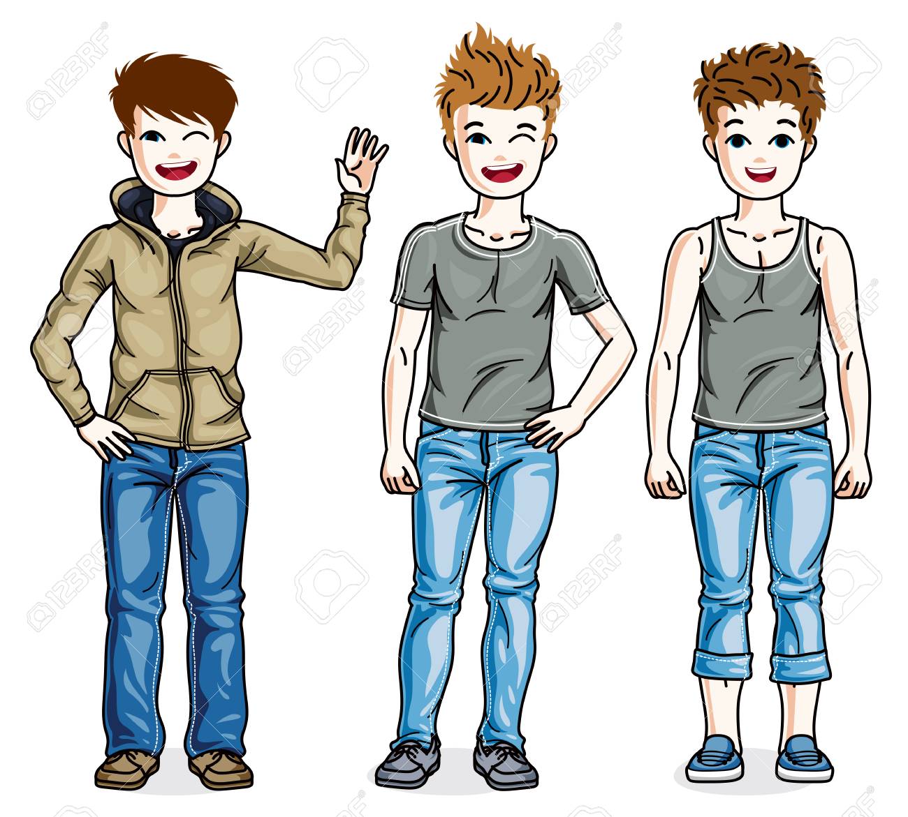 美しい小さな男の子かわいい子供別のカジュアルな服を着て立っています ベクター子供のイラスト セット のイラスト素材 ベクタ Image