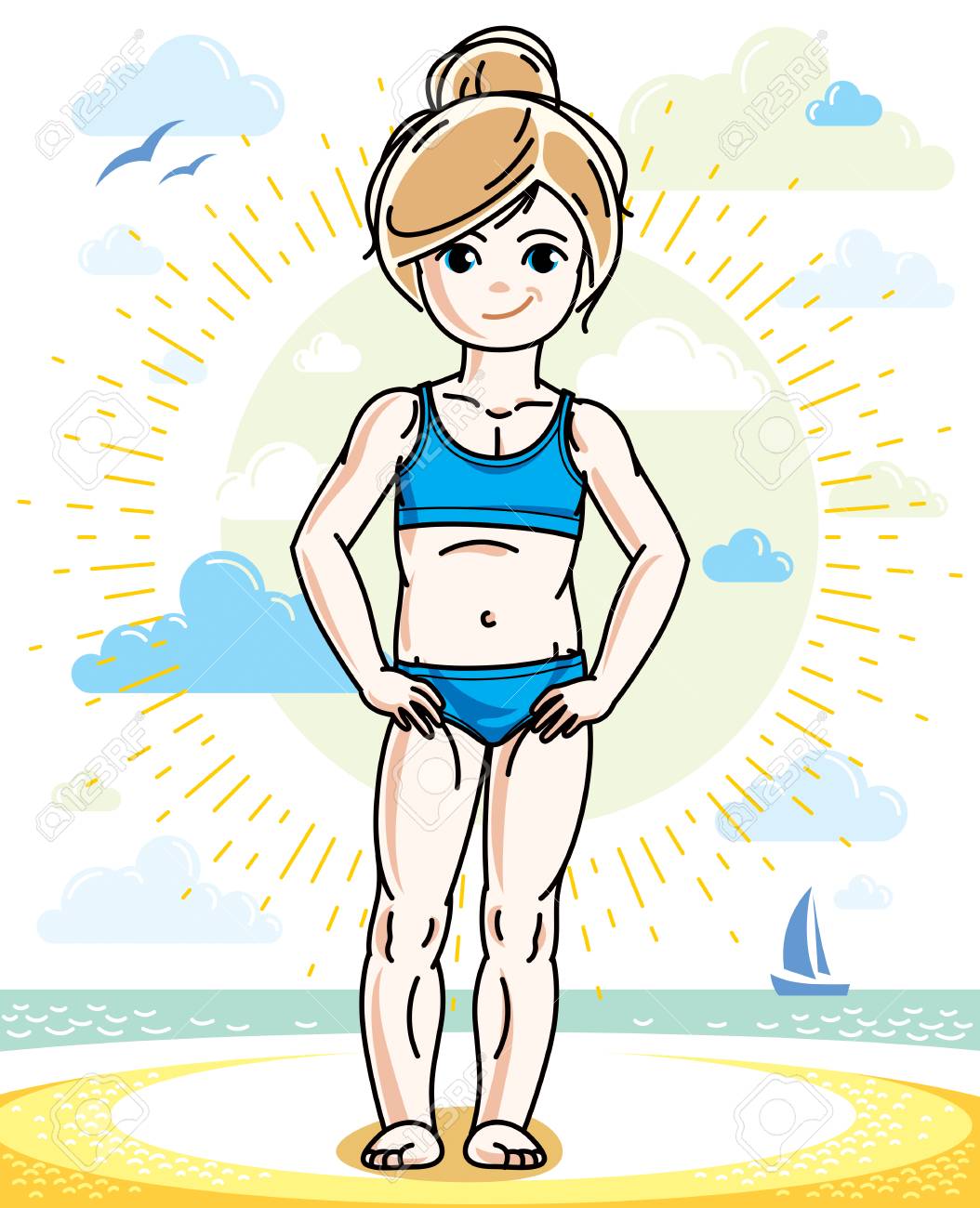 カラフルな水着でビーチに立っている金髪の女の子かわいい子幼児 ベクトルかなりいい人間図 夏と休暇のテーマ のイラスト素材 ベクタ Image