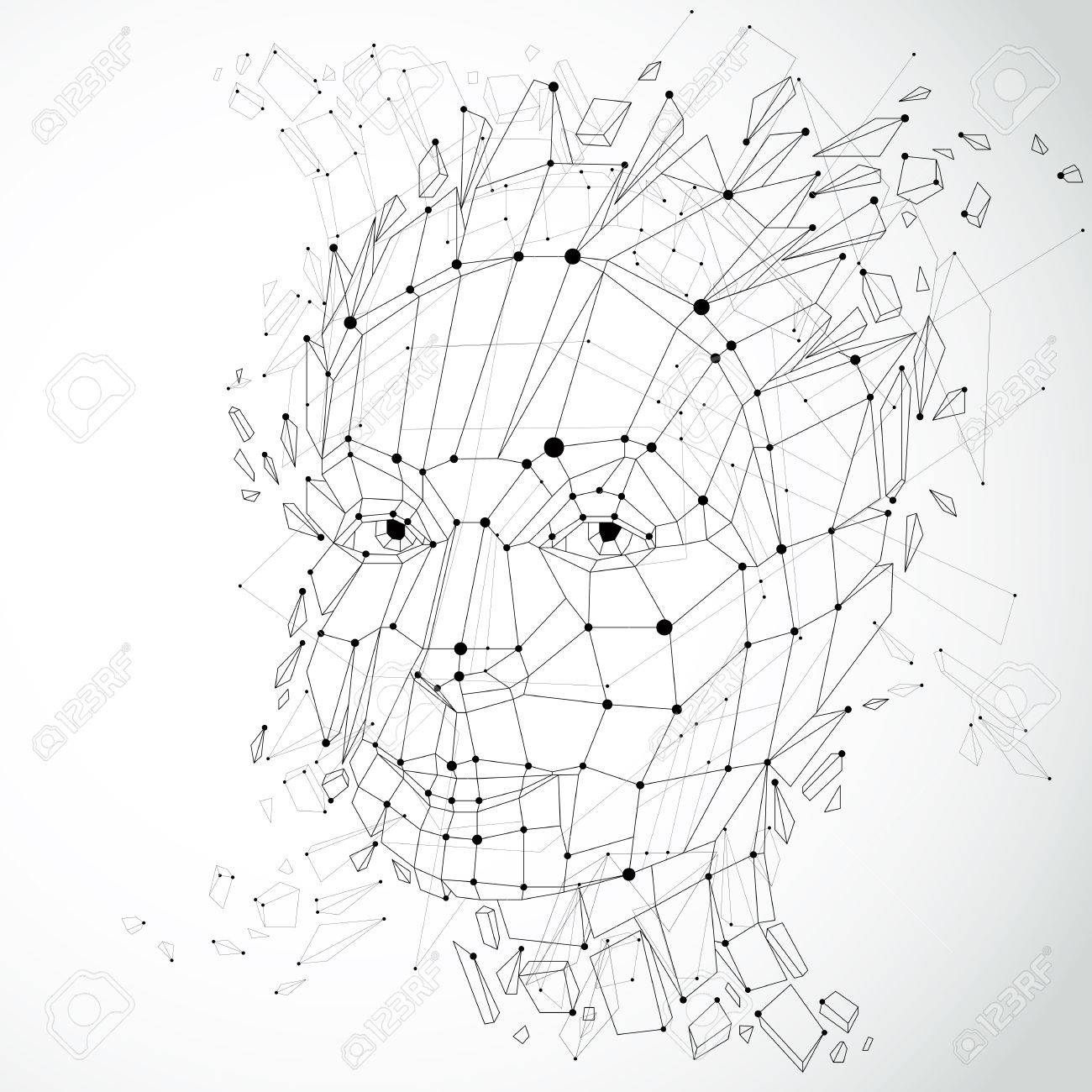 スマートの人と心の概念 人間の頭爆発し低ポリゴンで作成した思慮深い女性顔の複数 Fractures 3d ベクトル図に分割スタイルの近代化であり ラインのメッシュします のイラスト素材 ベクタ Image