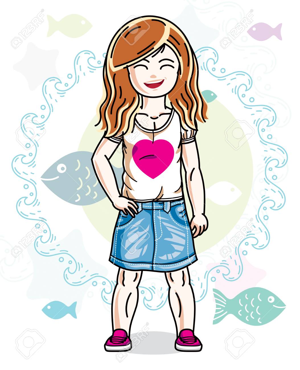 海と魚と海洋を背景に立っている私服で少し赤毛の女の子かわいい子幼児 ベクター素敵な人間図 のイラスト素材 ベクタ Image