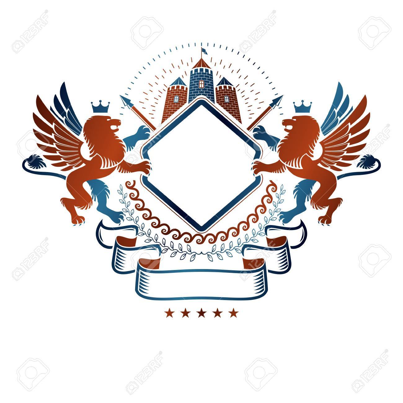 Embleme Graphique Aile Avec Le Roi Lion Courageux Et Le Chateau Medieval Heraldique Armoiries Logo Decoratif Isole Illustration Vectorielle Clip Art Libres De Droits Vecteurs Et Illustration Image