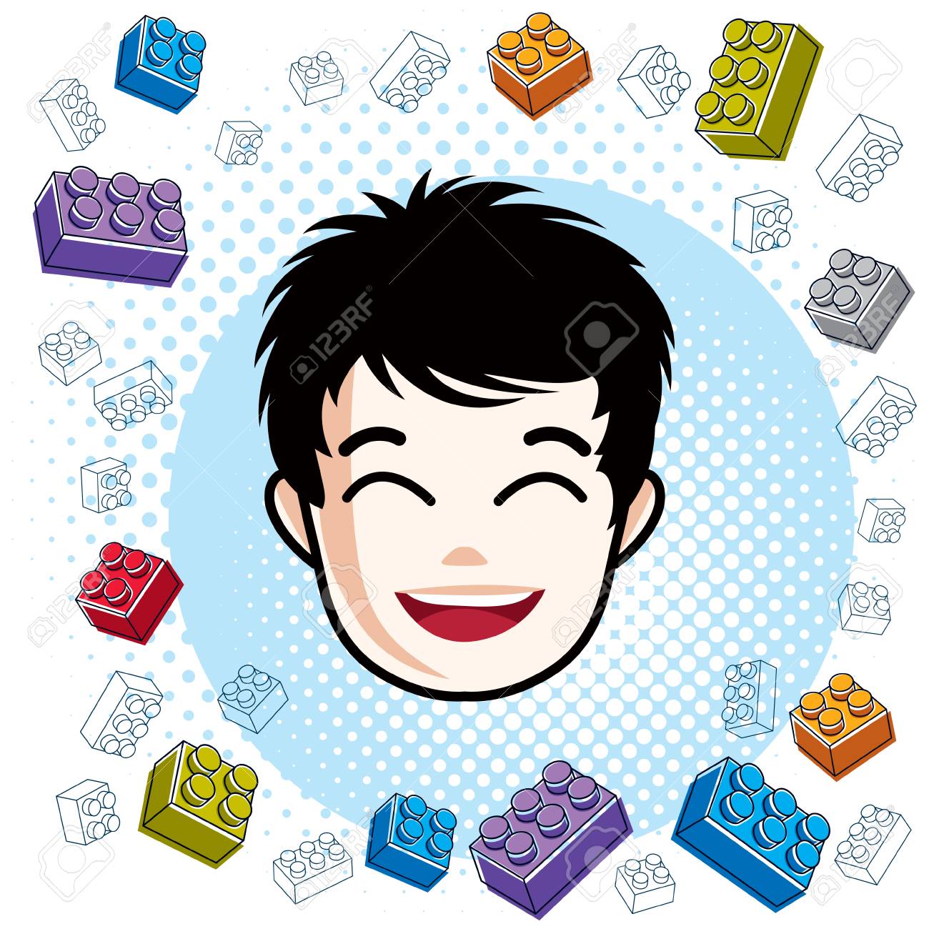 少年顔 ベクトル人間頭イラスト 肖像画 黒髪のティーンエイ ジャーは 肯定的な感情を表現します のイラスト素材 ベクタ Image 8418