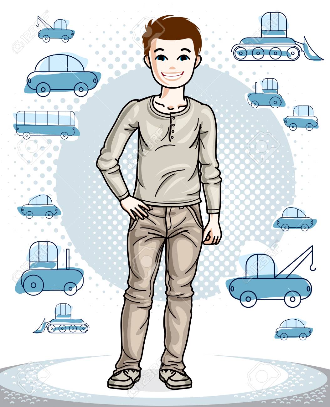 スタイリッシュなカジュアルな服で立っているかわいいの少しのティーンエイ ジャーの男の子 ベクトルの人間図 ファッションやライフ スタイルのテーマ漫画 の イラスト素材 ベクタ Image