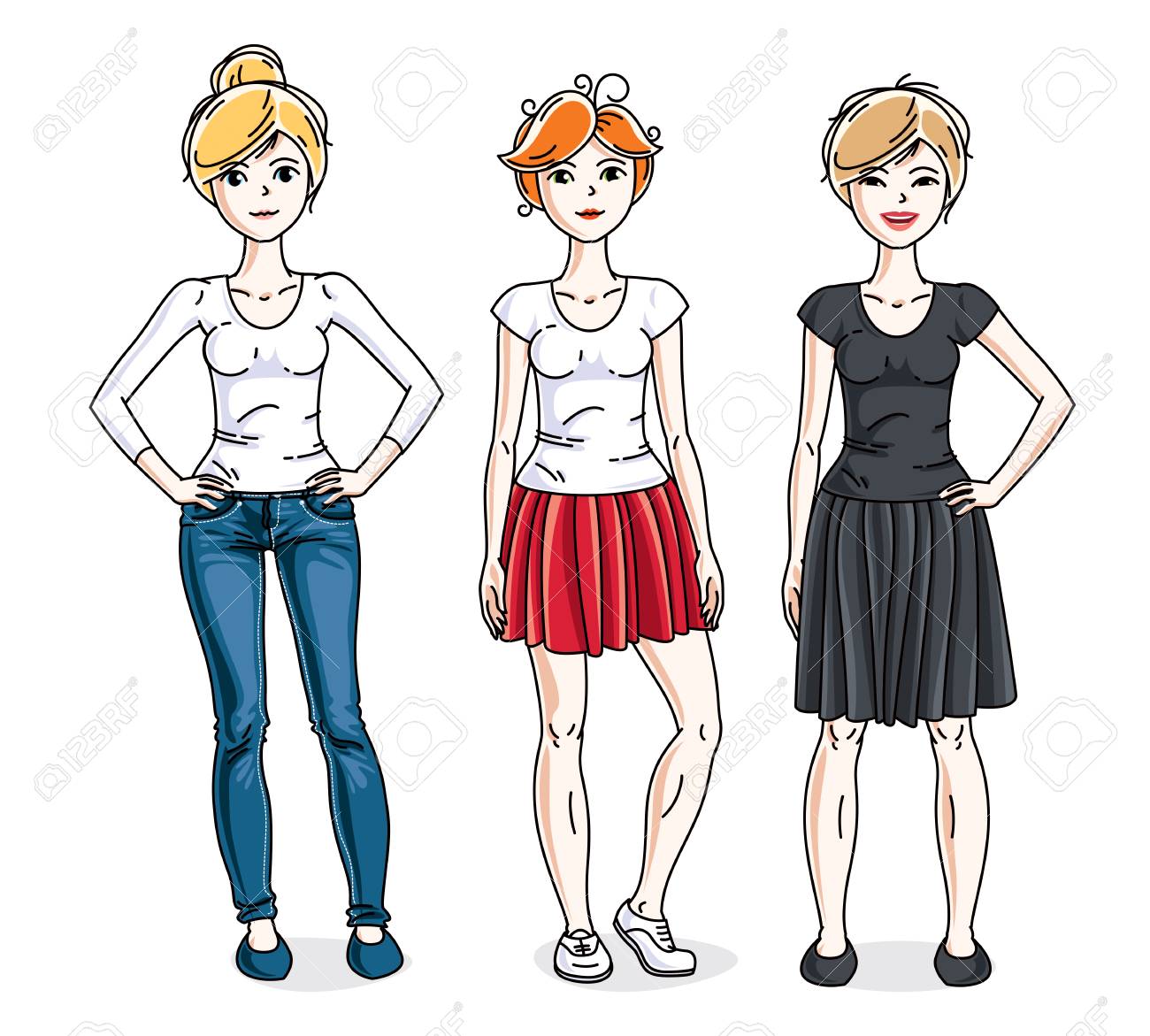 おしゃれな普段着の服を着て立つ若い女の子女子グループを魅力的に 美麗人イラストのベクターセット のイラスト素材 ベクタ Image