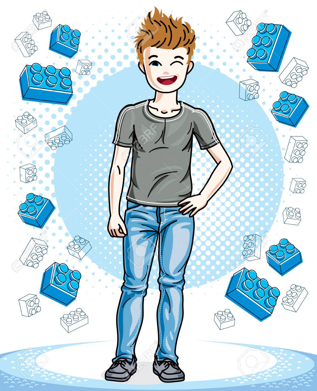 美しい小さな男の子かわいい子スタイリッシュなカジュアルな服で立っています ベクトルの人間図 子供の頃の生活漫画 のイラスト素材 ベクタ Image