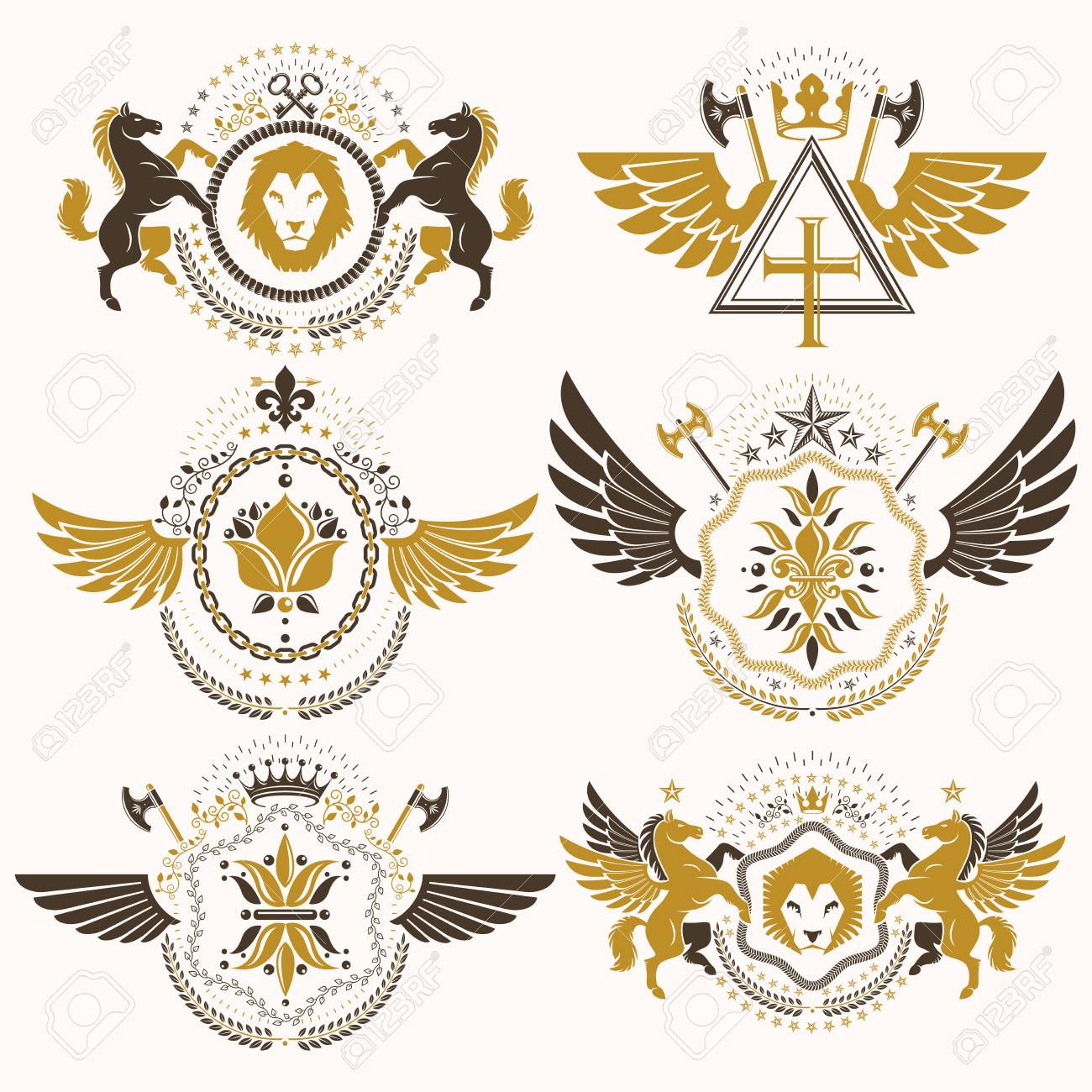 Heraldic Coat Of Arms Created With Vintage Vector Elements Bird Wings Animals Towers Crowns And Stars Classy Symbolic Emblems Collection Vector Set Royalty Free Cliparts Vectors And Stock Illustration Image