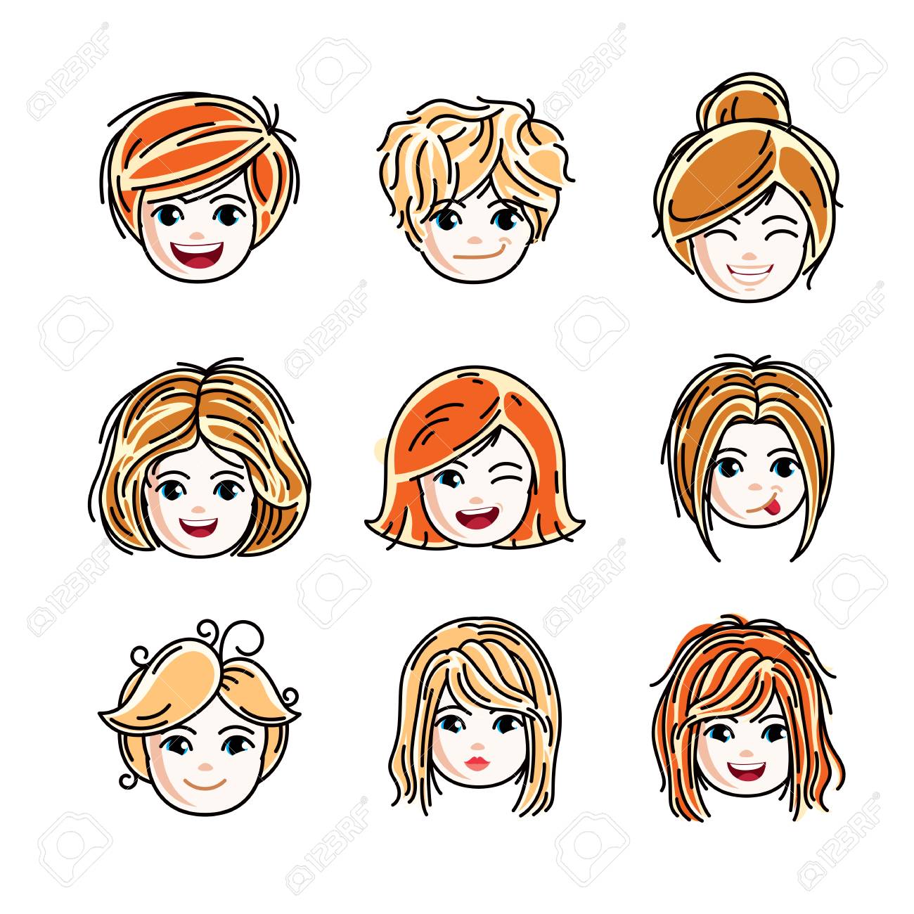 肯定的な感情 ベクトル人間頭部イラストを表現するかわいい笑顔の女の子顔のコレクションです 美しい顔の特徴 クリップアートと赤毛とブロンドの十代の女の子のセットです のイラスト素材 ベクタ Image