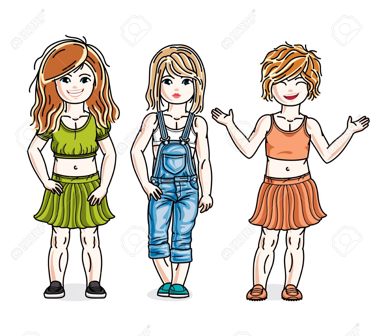 美しい小さな女の子のグループ ファッショナブルなカジュアルな服を着てポーズします ベクター子供のイラスト セット のイラスト素材 ベクタ Image 美しい小さな女の子のグループ ファッショナブルなカジュアルな服を着てポーズします ベクター子供のイラスト セット のイラスト素材 ベクタ Image