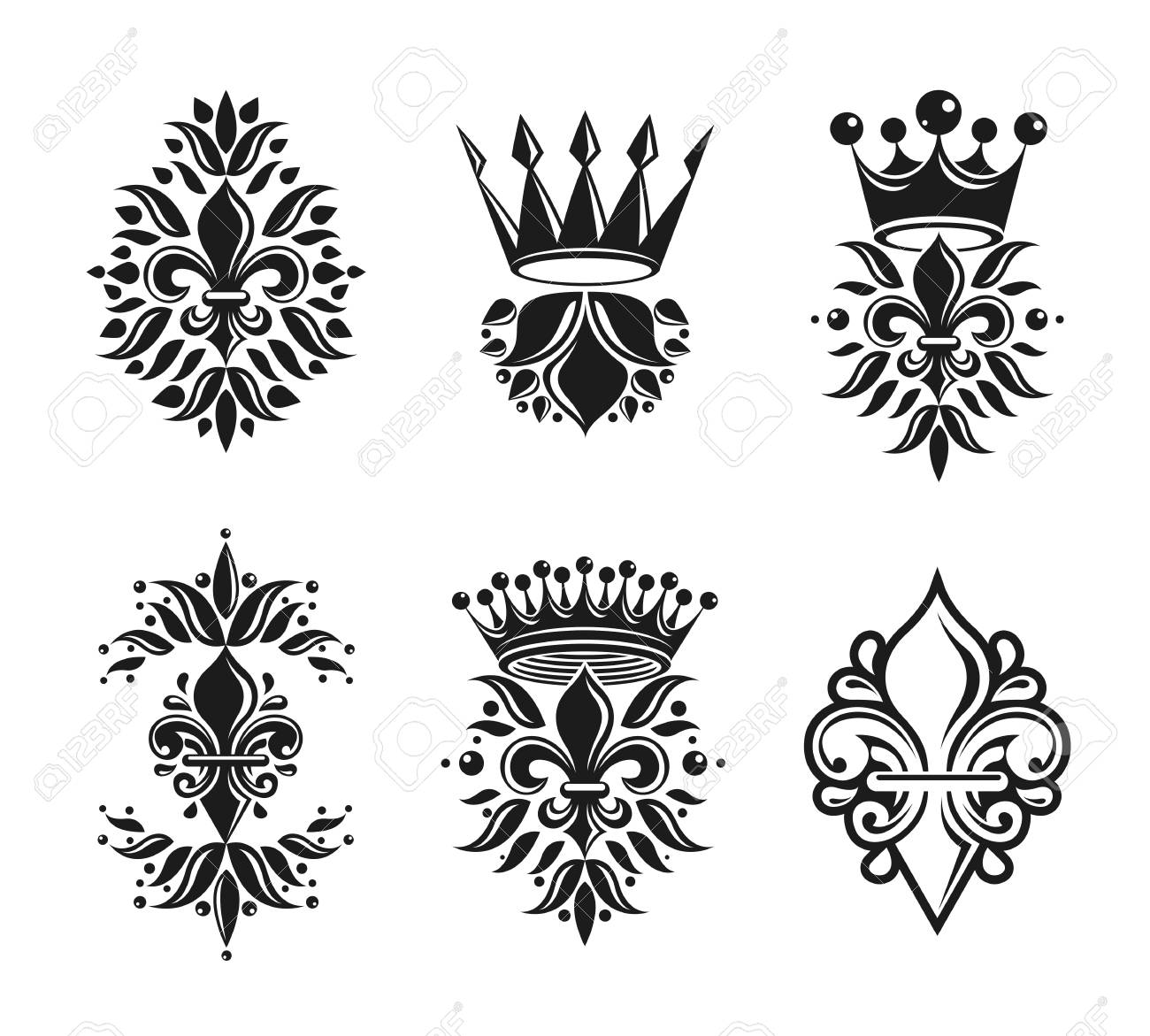 ユリの花を花の王室のシンボル 王冠エンブレムを設定します 紋章のベクトル デザイン要素のコレクション レトロなスタイルのラベル 紋章ロゴ のイラスト素材 ベクタ Image