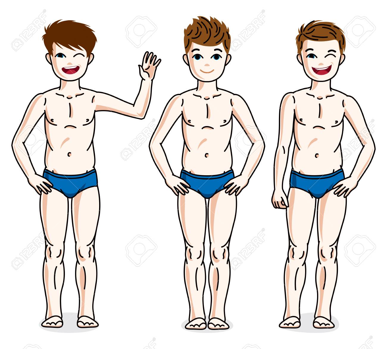 Lindos Jóvenes Adolescentes Felices Posando En Ropa Interior Azul. Ilustraciones Clip Art Vectorizado Libre De Derechos. Image