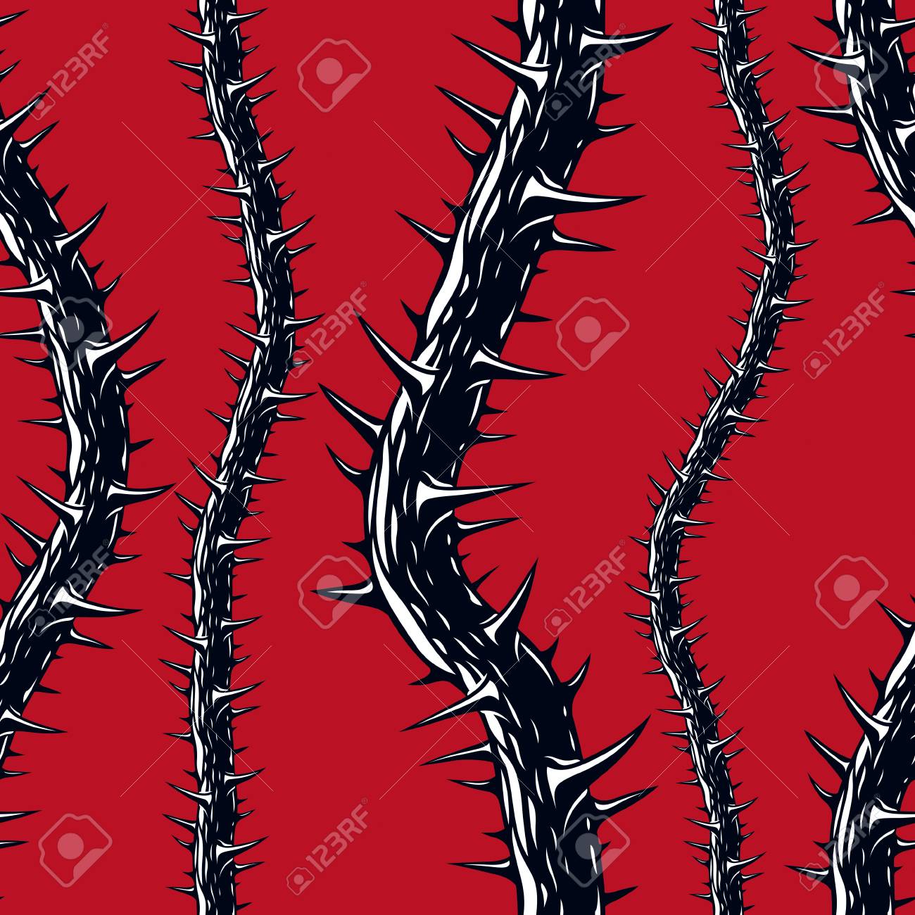 ホラーアートスタイルシームレスパターン ベクトル背景 とげとスタイリッシュな無限のイラストを持つブラックソーンの枝 ハードロックとヘビーメタル サブカルチャー音楽テキスタイルファッションスタイリッシュなデザイン のイラスト素材 ベクタ Image