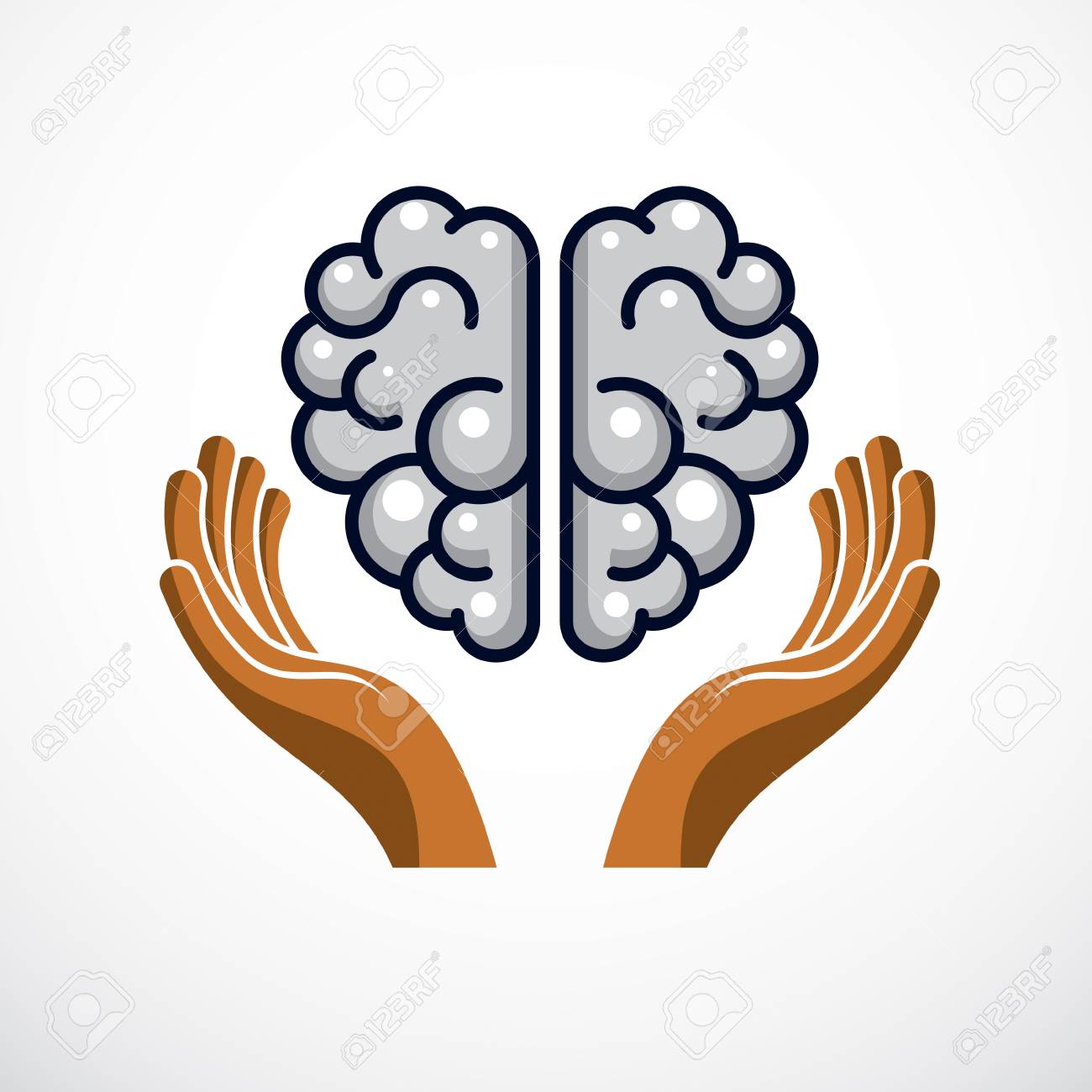 優しいケアの手を守る人間の解剖学的脳 ベクターイラスト ロゴ アイコン メンタルヘルス 慎重かつ正しい教育コンセプトのケア のイラスト素材 ベクタ Image