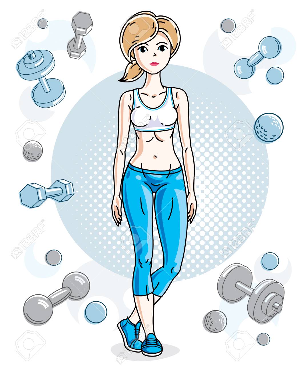 ダンベルとバーベルでシンプルな背景に立っている若い美しいブロンドのスリムな女性大人 素敵な女性のベクターイラスト トレーニングのテーマを練習し トレーニングします のイラスト素材 ベクタ Image