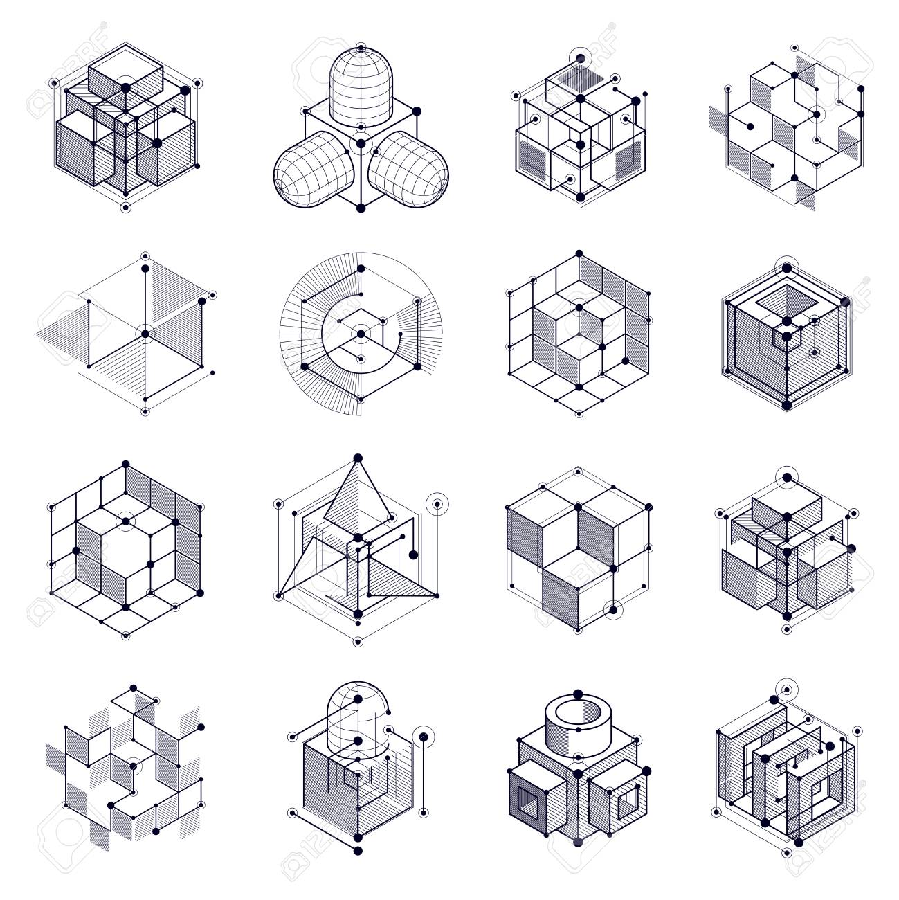 Geometric Technology Vector Black And White Drawings Set, 3D Technical  Wallpaper. Illustration Of Engineering System, Abstract Technological  Backdrop. Royalty Free SVG, Cliparts, Vectors, and Stock Illustration.  Image 96761613.