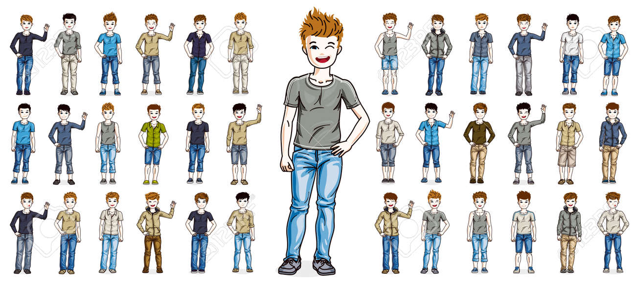 Cute little child boys early teenagers in different casual wear standing in full length and posing vector illustrations isolated big set, happy beautiful kids drawings collection, people diversity. - 156979007 Cute little child boys early teenagers in different casual wear standing in full length and posing vector illustrations isolated big set, happy beautiful kids drawings collection, people diversity. - 156979007