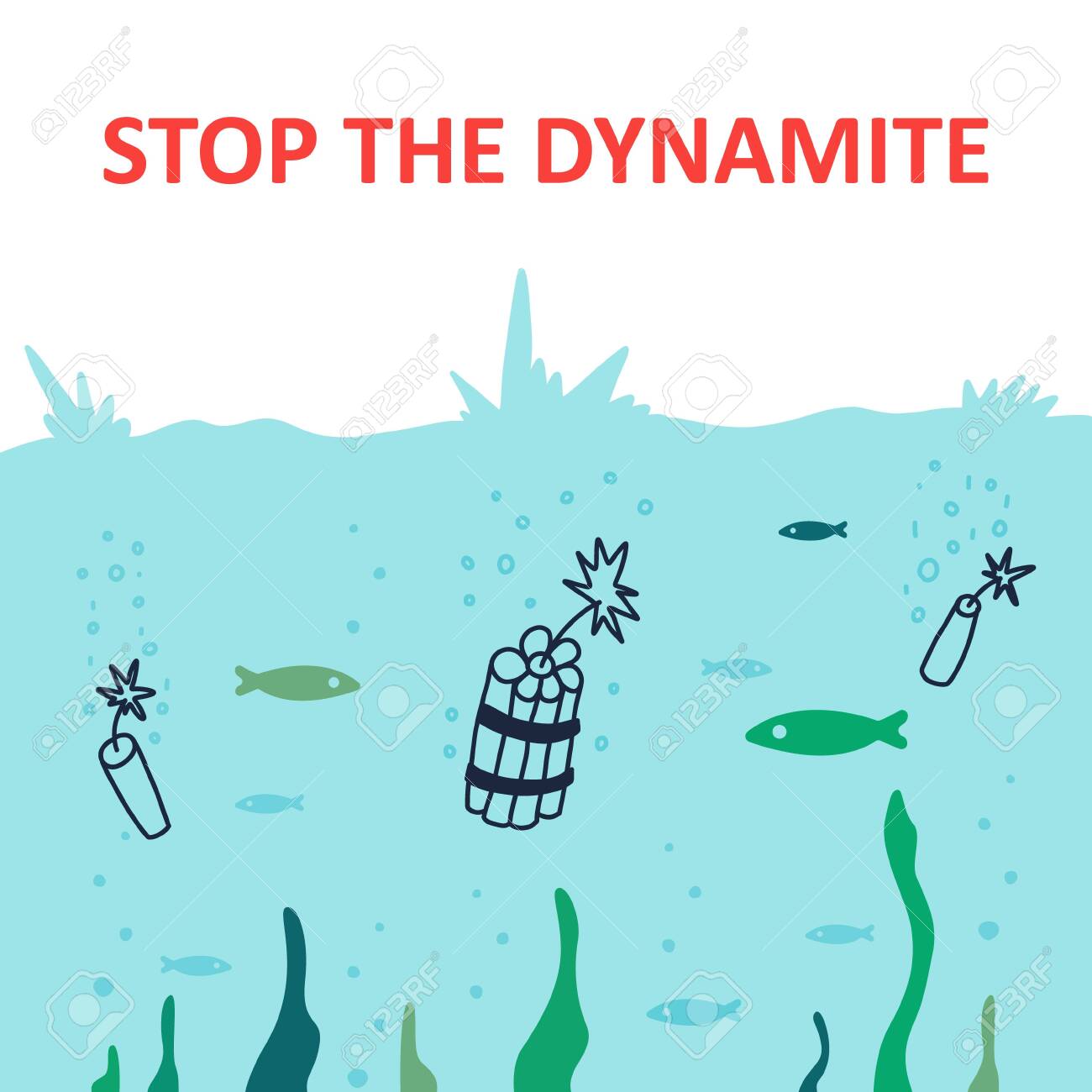 Bright Poster Inscription Stop Dynamite Flat Dynamite Thrown Into Water Illegal Fishing Poaching Fish Floating In Water Among Algae Destruction Environment Vector Illustration Royalty Free Cliparts Vectors And Stock Illustration Image