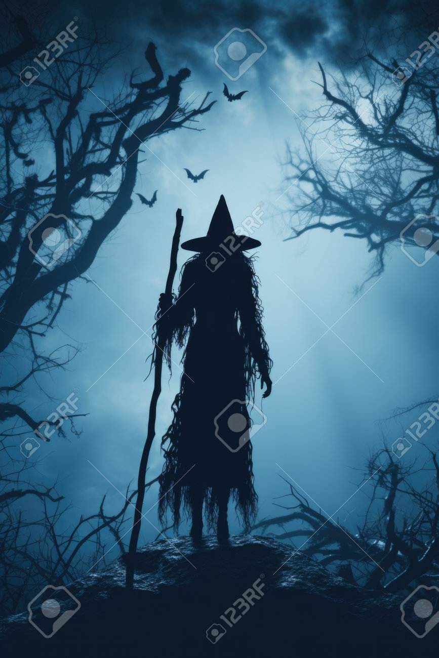Magic Gothic Enchanted Witch Woman Evil Fairy Girl Magician Character  Wearing Dress And Hat In Happy Halloween Spooky Scary Fantasy Fall Scene  With Full Moon Creepy Horror Night Light Background. Stock Photo,, image size:867x1300
