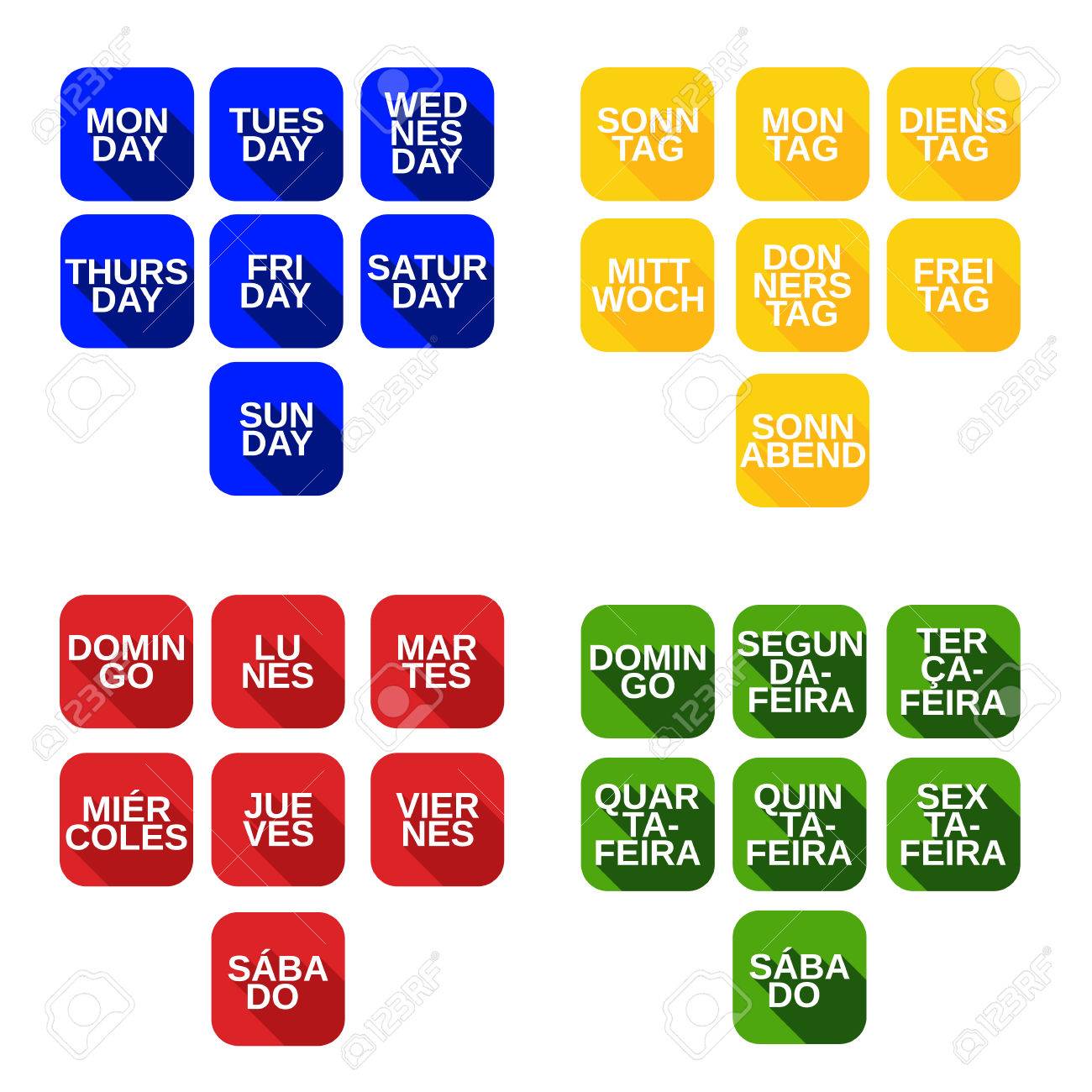 異なる言語で月曜日から日曜日までの週の日の正方形のアイコンを色します のイラスト素材 ベクタ Image