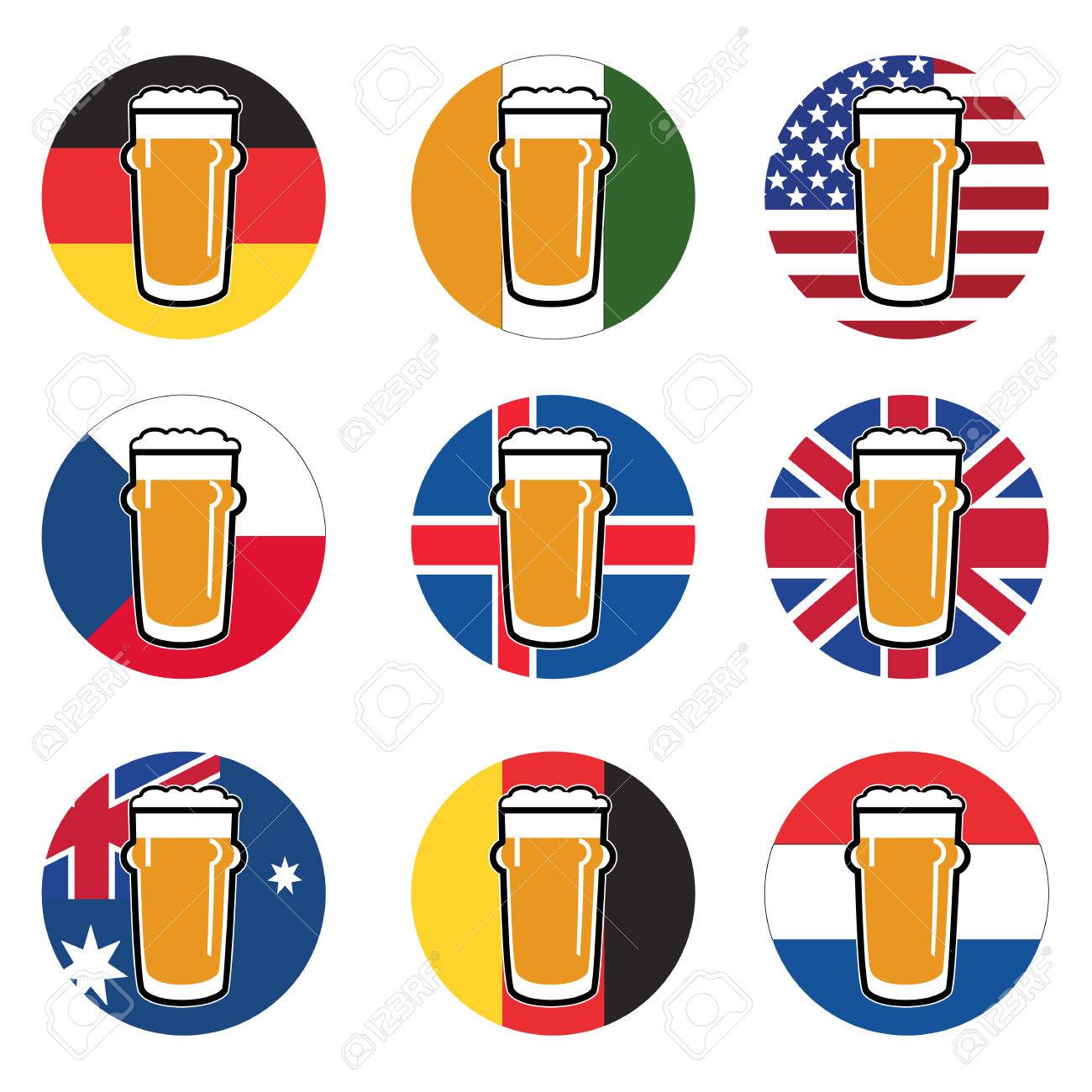 ベクトルは テンプレート Web および印刷のための世界の国旗ラウンドの背景にビールとビアグラスを設定 のイラスト素材 ベクタ Image 42264647