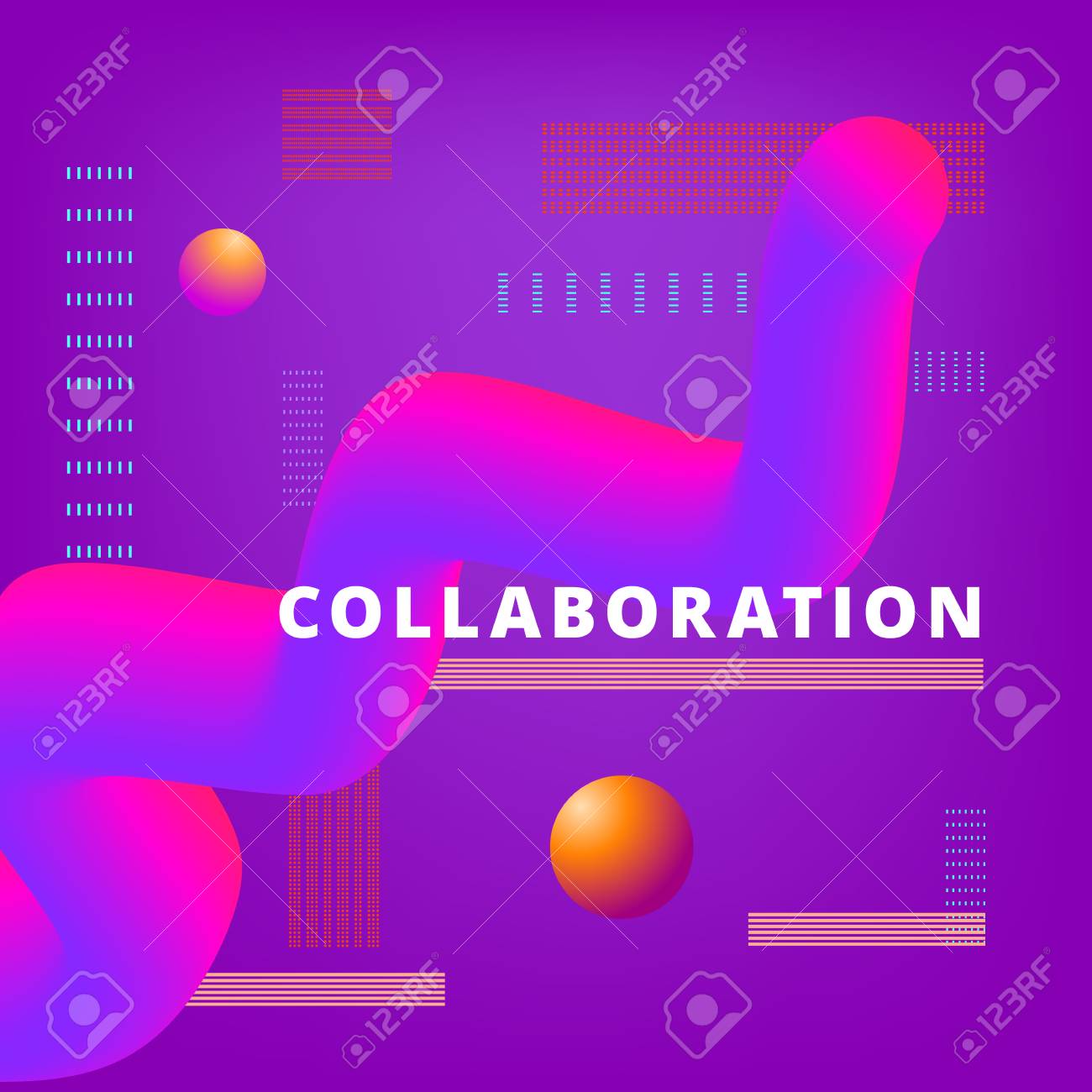 collaboration phrase on color background with 3d abstract shapes
