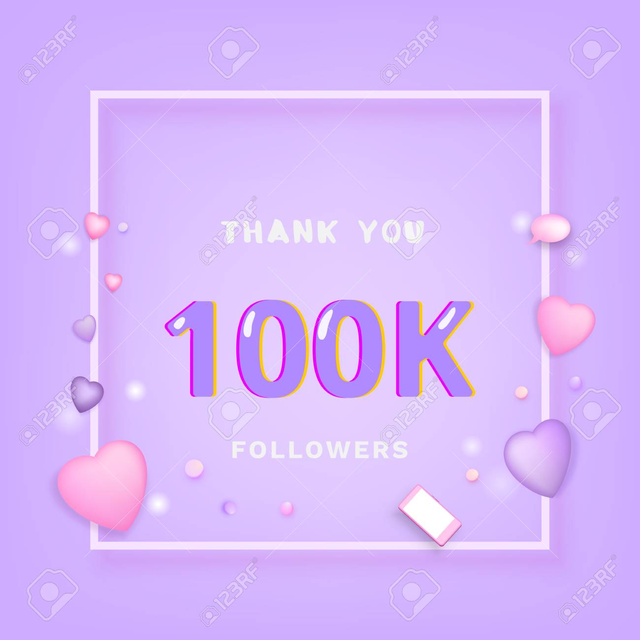 100k followers thank you banner with frame and hearts template