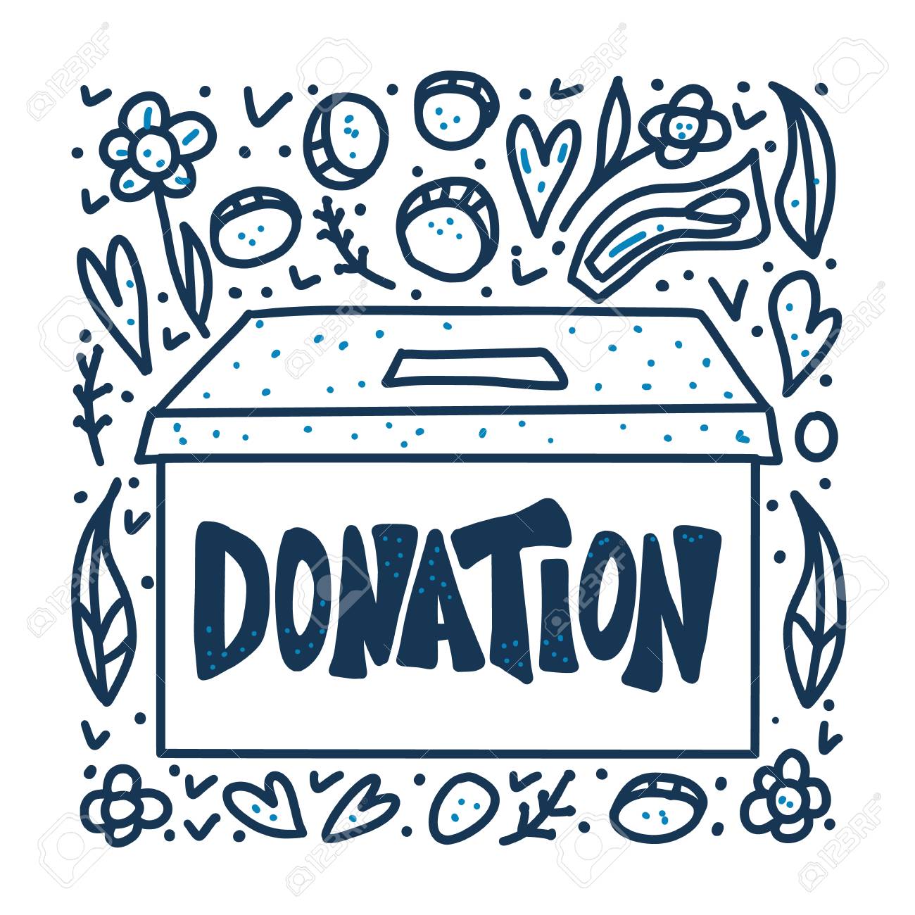 募金箱。コインやその他の装飾を施したレタリングを寄付してください。ベクトルカラーイラスト。のイラスト素材・ベクター Image 123291143