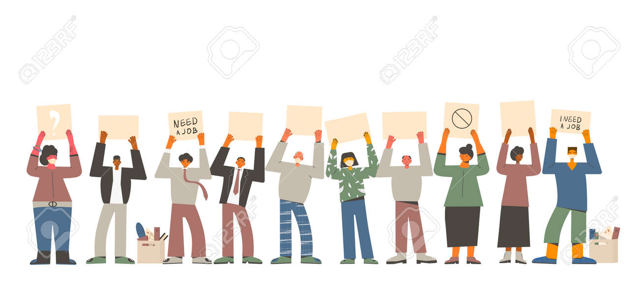 Job search. Dismissed people standing with banners isolated on white background. Activism. Vector flat illustration. - 168652602 Job search. Dismissed people standing with banners isolated on white background. Activism. Vector flat illustration. - 168652602
