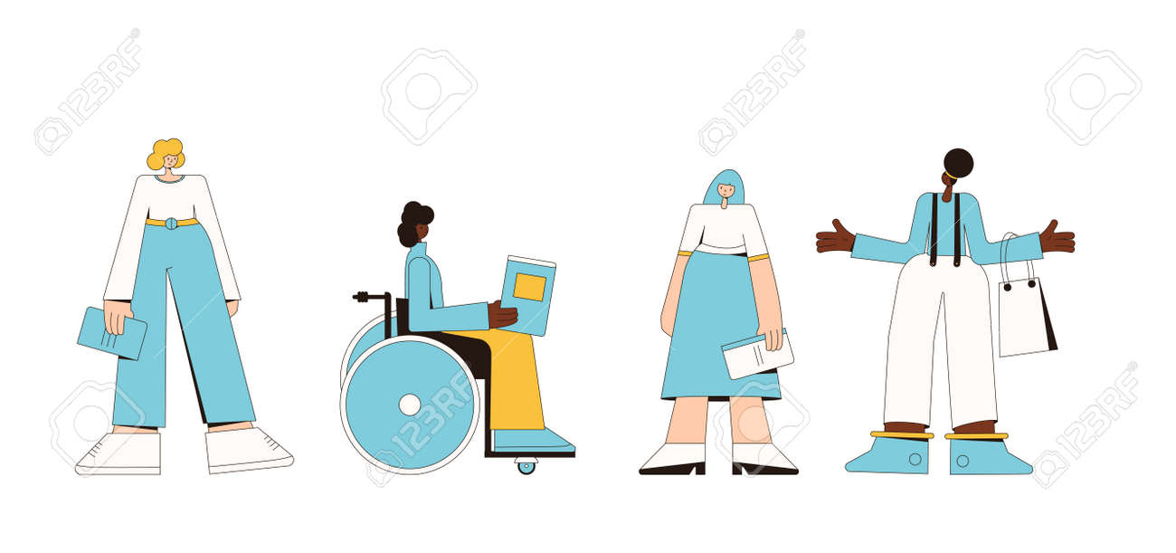 Women with books. Set of female characters. Book lovers collection. Vector line art illustration. - 168652632 Women with books. Set of female characters. Book lovers collection. Vector line art illustration. - 168652632