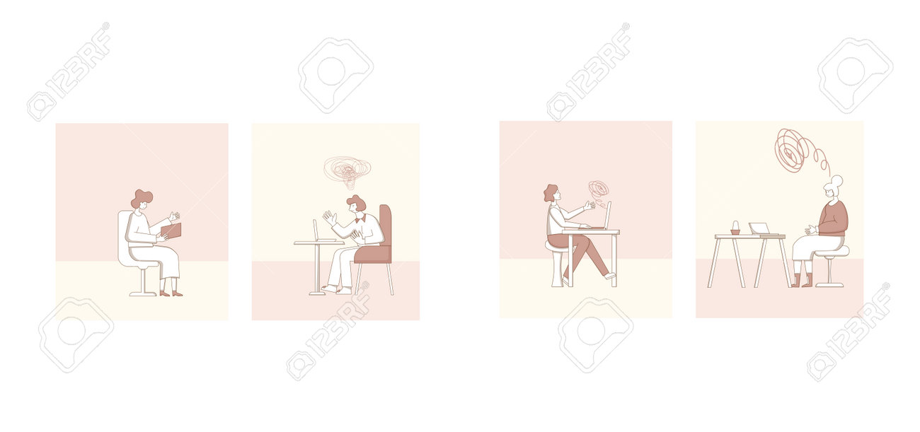 Psychological help online scenes. Counseling concept. Internet therapy session with stressed patient. Psychiatrist and client talking about feeling. Couch listening sad man. Vecotor flat illustration. - 170369781 Psychological help online scenes. Counseling concept. Internet therapy session with stressed patient. Psychiatrist and client talking about feeling. Couch listening sad man. Vecotor flat illustration. - 170369781