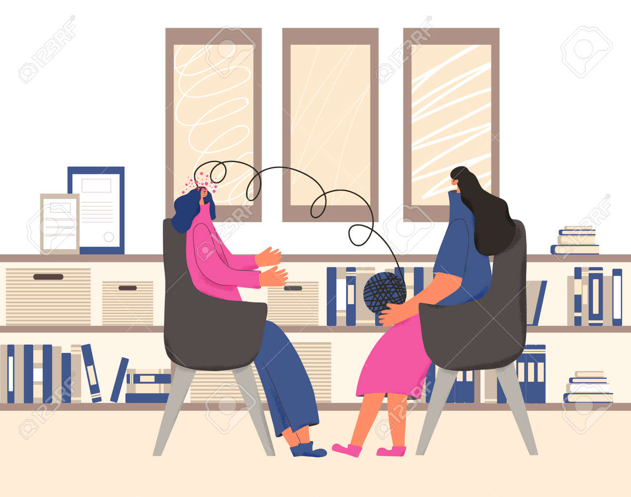Counseling therapy.Psychologist having session with her patient. Female character try to help teenage girl with some mental issues. Young woman talking to therapist. Vector flat cartoon illustration. - 170369831 Counseling therapy.Psychologist having session with her patient. Female character try to help teenage girl with some mental issues. Young woman talking to therapist. Vector flat cartoon illustration. - 170369831