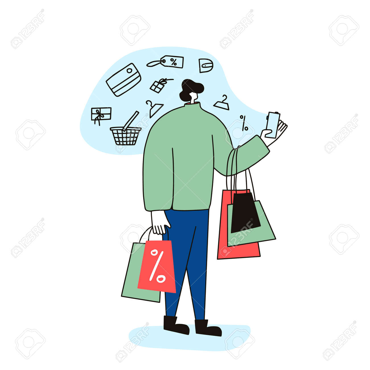 Male character with shopping bags isolated on white background. Sale concept. Man dressed in casual clothes standing and using his phone fo find a good deals and ordering a gifts. Vector illustration. - 168652651 Male character with shopping bags isolated on white background. Sale concept. Man dressed in casual clothes standing and using his phone fo find a good deals and ordering a gifts. Vector illustration. - 168652651