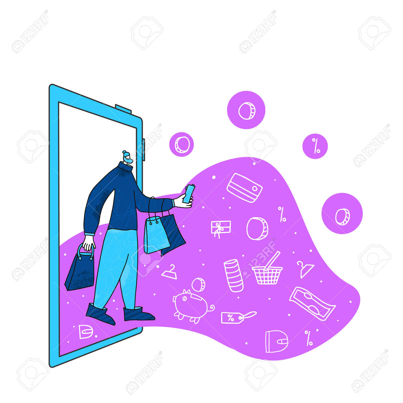 Online shopping. Male character with shopping bags going to home after clearance. Young man dressed in casual trendy clothes with huge phone screen. Sale concept. Vector illustration. - 168652658 Online shopping. Male character with shopping bags going to home after clearance. Young man dressed in casual trendy clothes with huge phone screen. Sale concept. Vector illustration. - 168652658