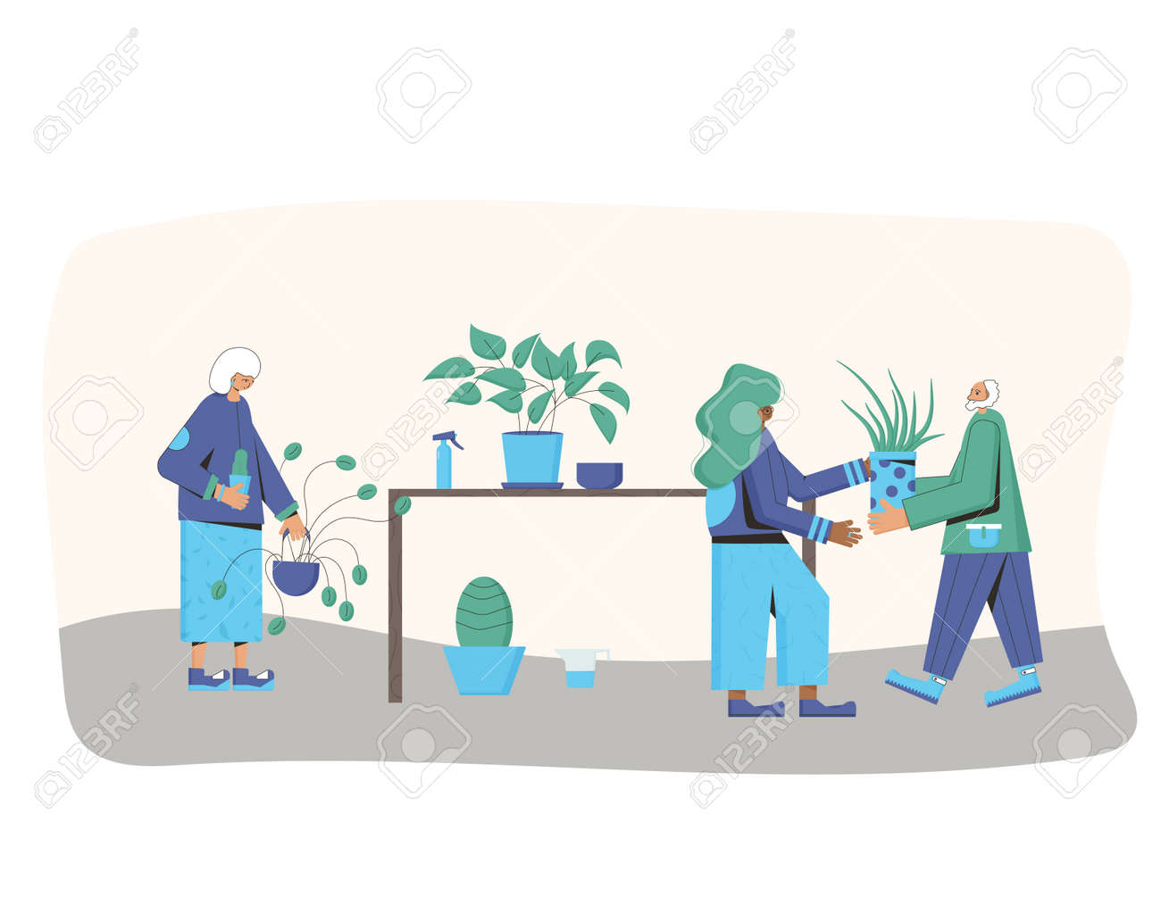 Indoor plants lovers club. Persons wearing in casual clothes holding in hands potted flower going to watering. People with houseplants. Vector color flat illustration. - 170370080 Indoor plants lovers club. Persons wearing in casual clothes holding in hands potted flower going to watering. People with houseplants. Vector color flat illustration. - 170370080
