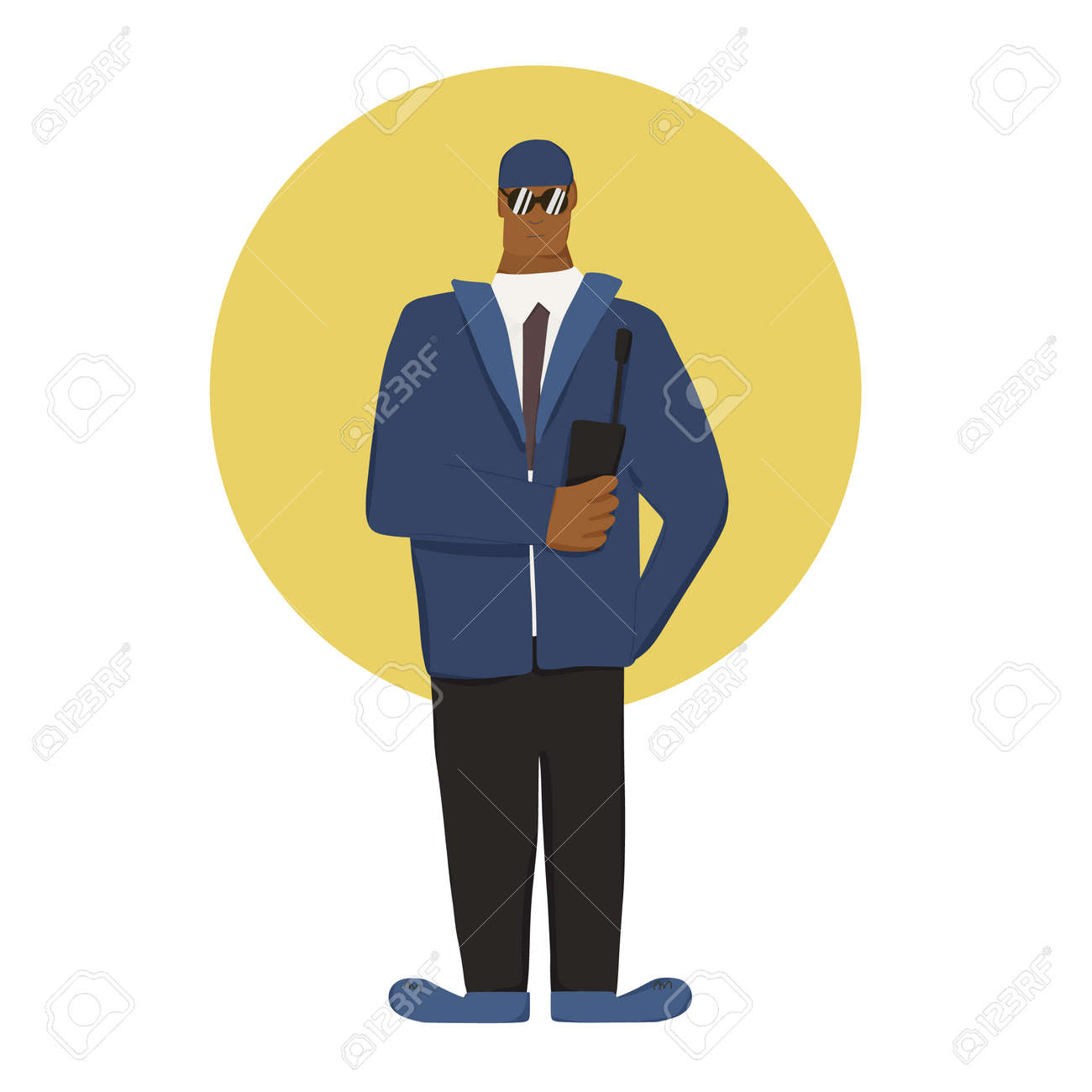 Security guard standing with radio transmitter. Man wearing in a guards uniform and sun glasses isolated on white background. Vector illustration. - 168652665 Security guard standing with radio transmitter. Man wearing in a guards uniform and sun glasses isolated on white background. Vector illustration. - 168652665