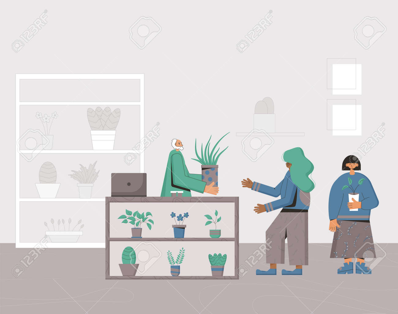 Indoor plants shop. Sale of potted house plants. Seller houseplants with her client. Small business concept. Owner of flowers store giving a pot to a customer. Vector flat illustration. - 170370137 Indoor plants shop. Sale of potted house plants. Seller houseplants with her client. Small business concept. Owner of flowers store giving a pot to a customer. Vector flat illustration. - 170370137
