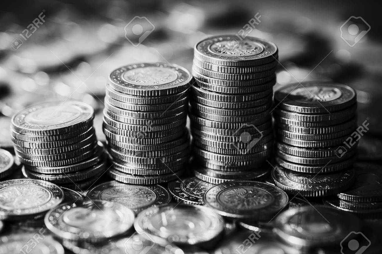 Stacked polish currency black and white artistic finance background stock photo 98577676