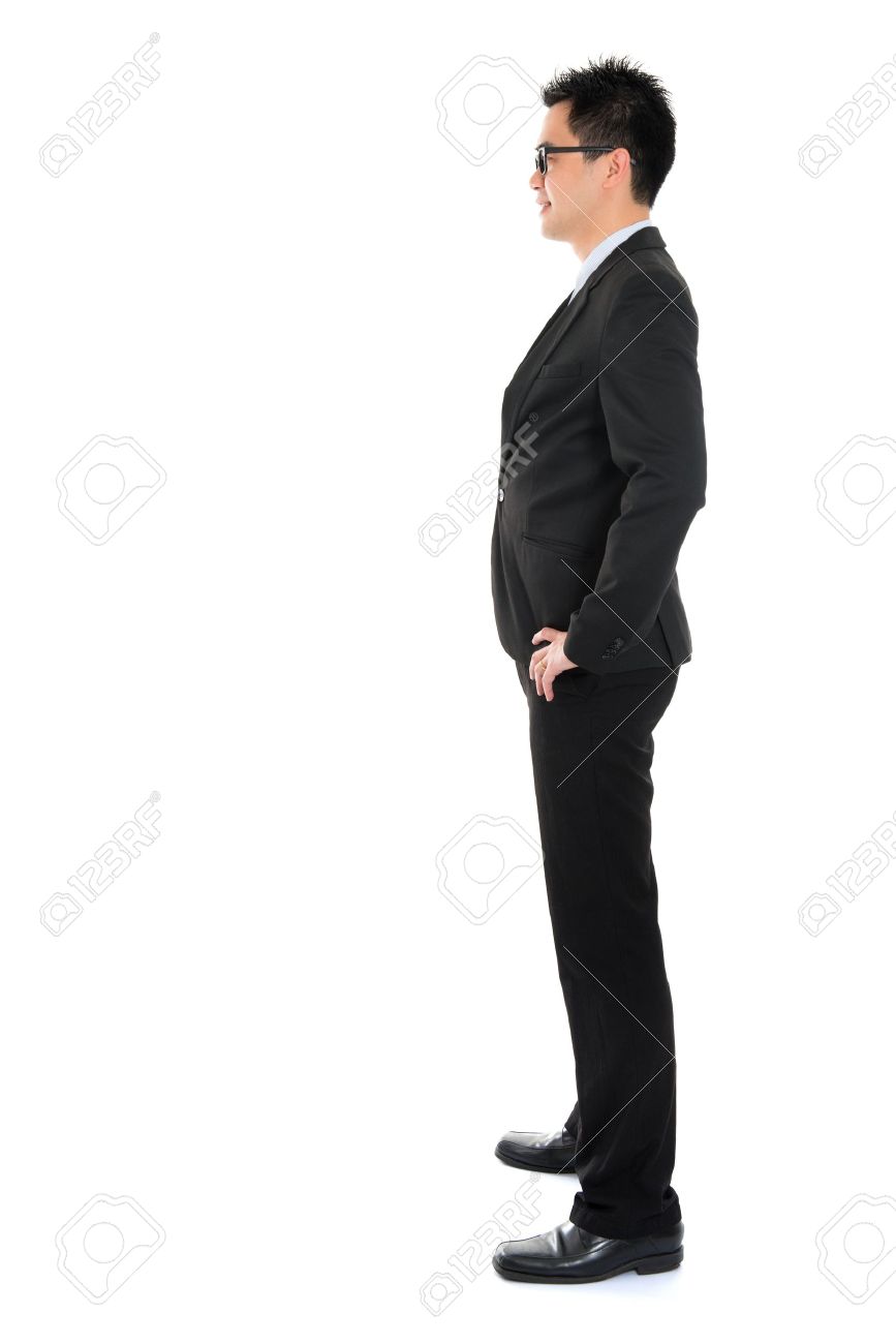 側面ビュー フルボディ スーツ立っている白い背景で隔離のアジア ビジネス男 の写真素材 画像素材 Image
