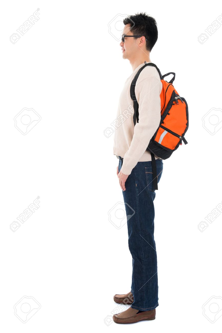 Side view full body Asian adult student in casual wear with school bag standing isolated on white background. Asian male model. - 21511579 Side view full body Asian adult student in casual wear with school bag standing isolated on white background. Asian male model. - 21511579