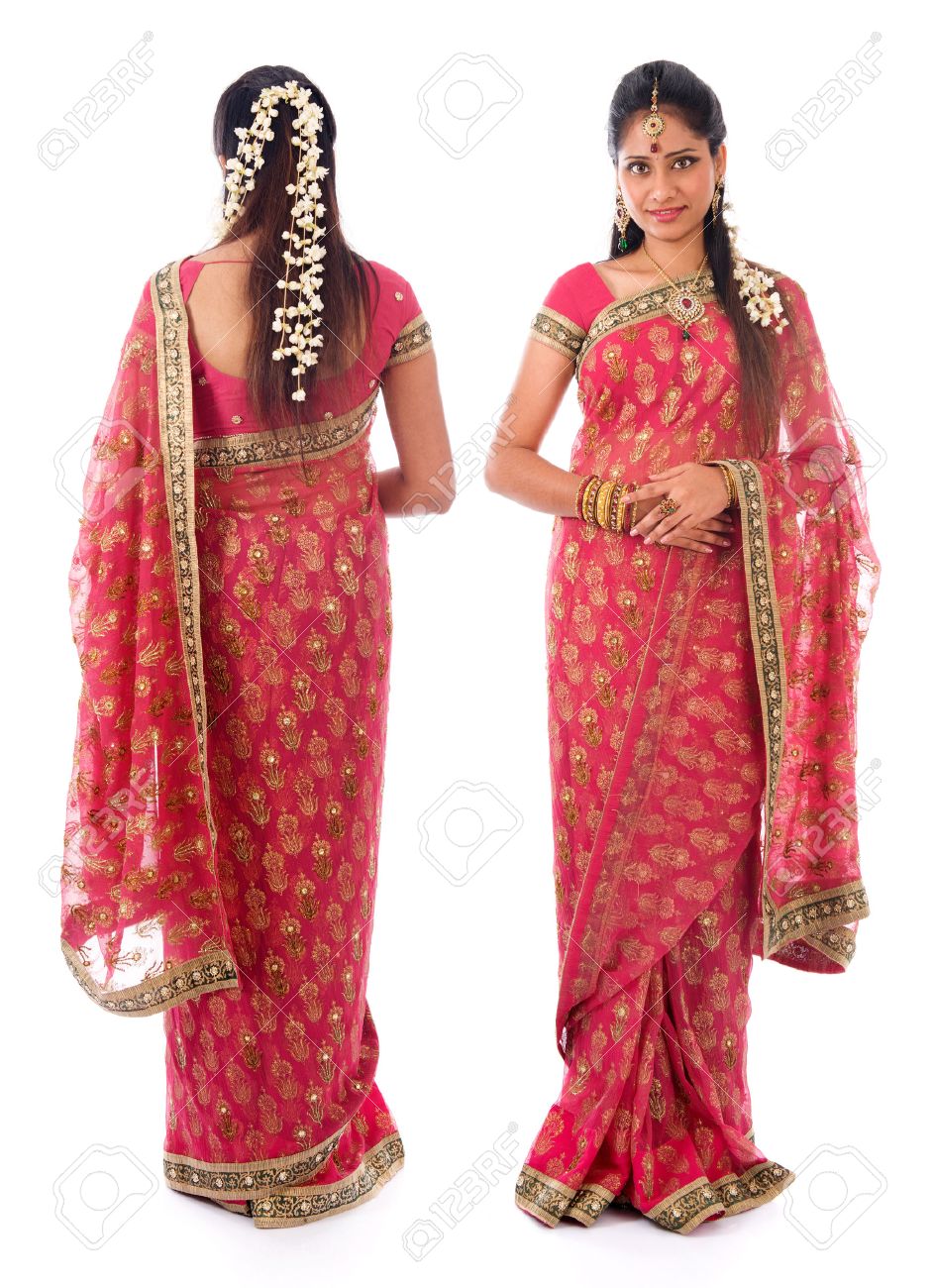 full body traditional indian girl in sari costume different angle