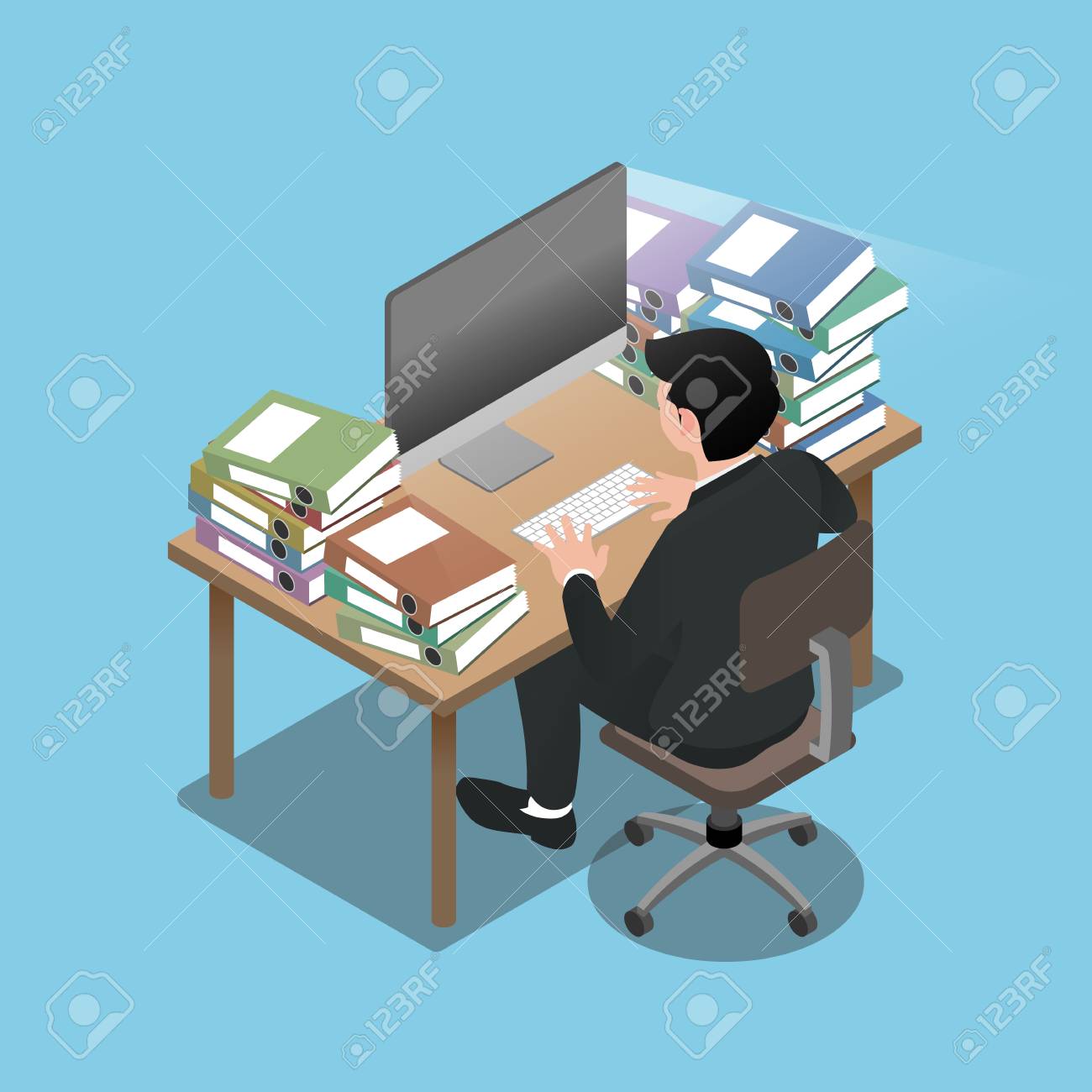 座って一生懸命働くビジネスマンのアイソメトリック3dは 疲れ果てて バッテリーが切れてしまうような気分になります イラストフラットベクトルデザイン の イラスト素材 ベクタ Image
