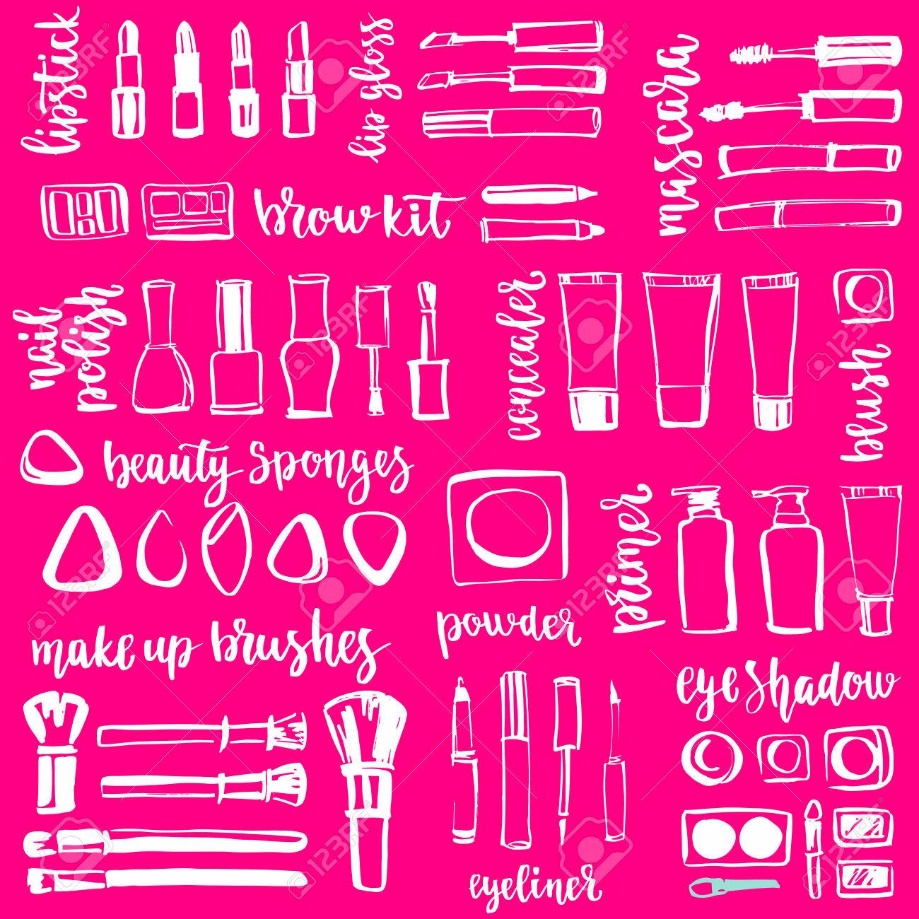 手書きベクター ブラシ文字とピンクの背景のメイク アイテム のイラスト素材 ベクタ Image