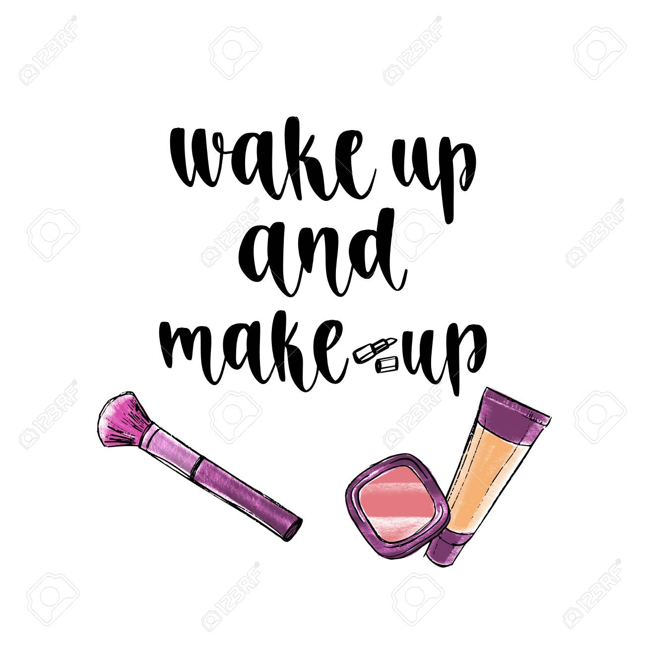 手書きの筆文字 手描きの化粧品要素と動機の引用 美容室のコンセプトの顔 白の背景にベクトル アイテム の写真素材 画像素材 Image