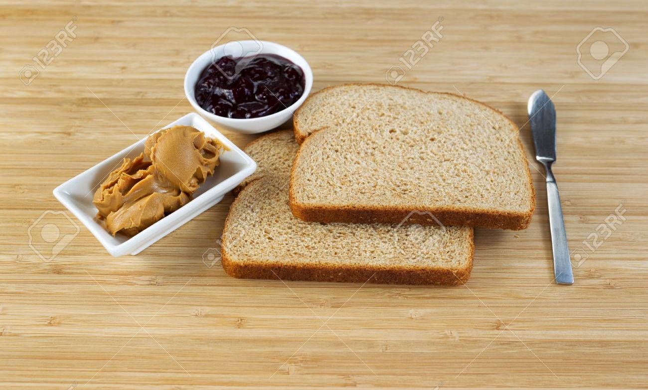 Horizontal Photo Of Peanut Butter And Jelly Sandwich Ingredients