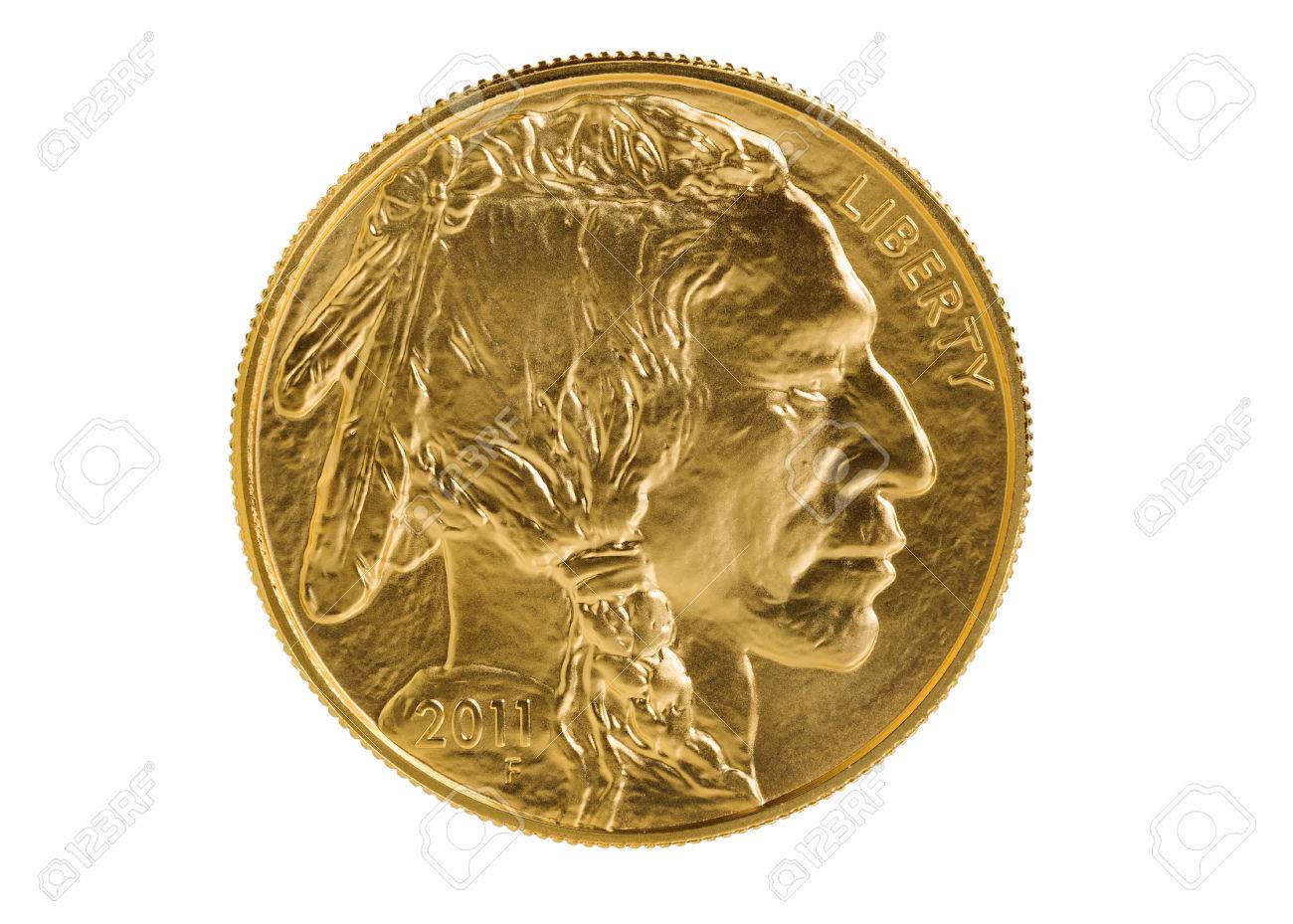 Obverse side of American Gold Buffalo coin fine gold isolated on pure white background. Coin in pristine condition shot in studio with macro lens. - 41655794 Obverse side of American Gold Buffalo coin fine gold isolated on pure white background. Coin in pristine condition shot in studio with macro lens. - 41655794