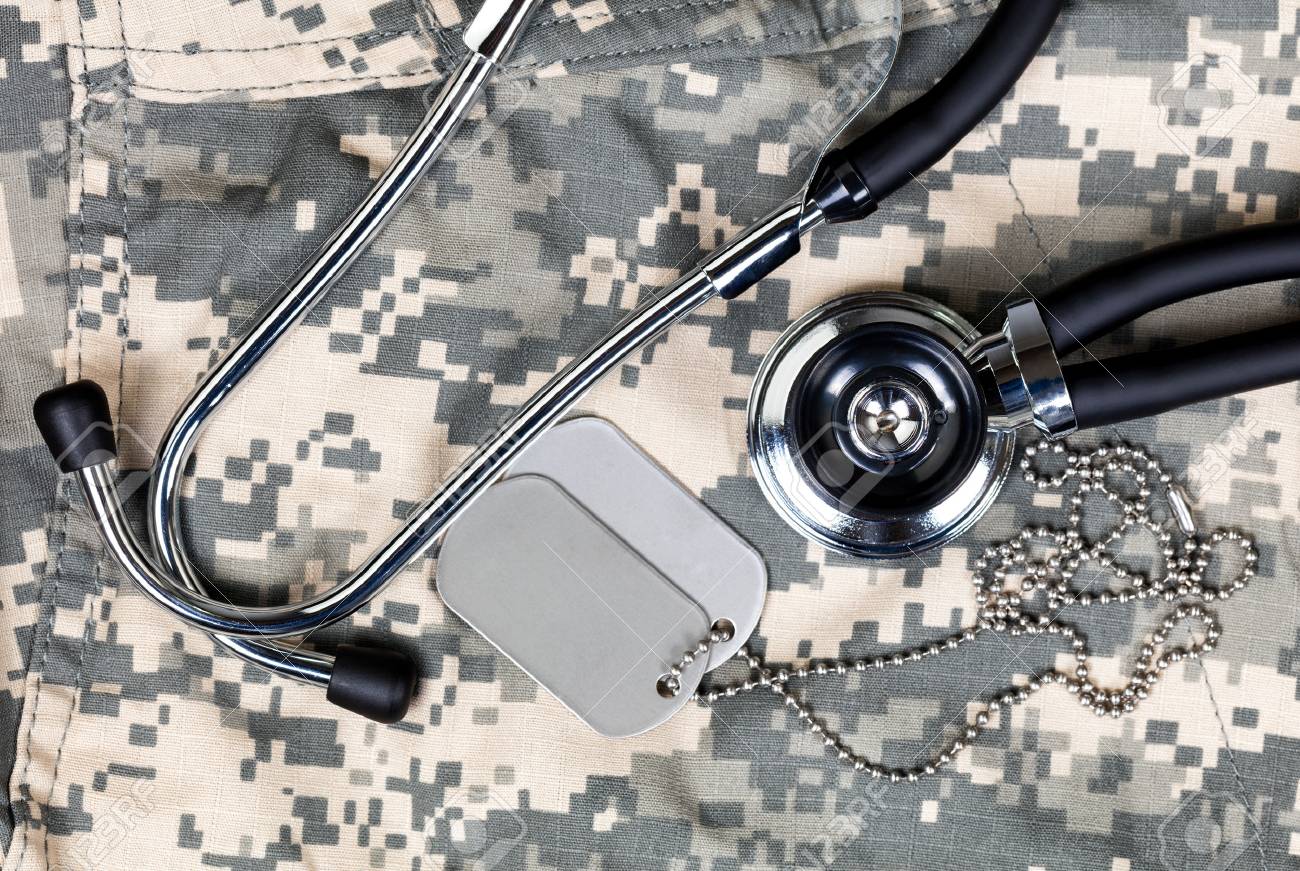 Military uniform with stethoscope and identification tags. Overhead view in horizontal layout. - 51420726 Military uniform with stethoscope and identification tags. Overhead view in horizontal layout. - 51420726