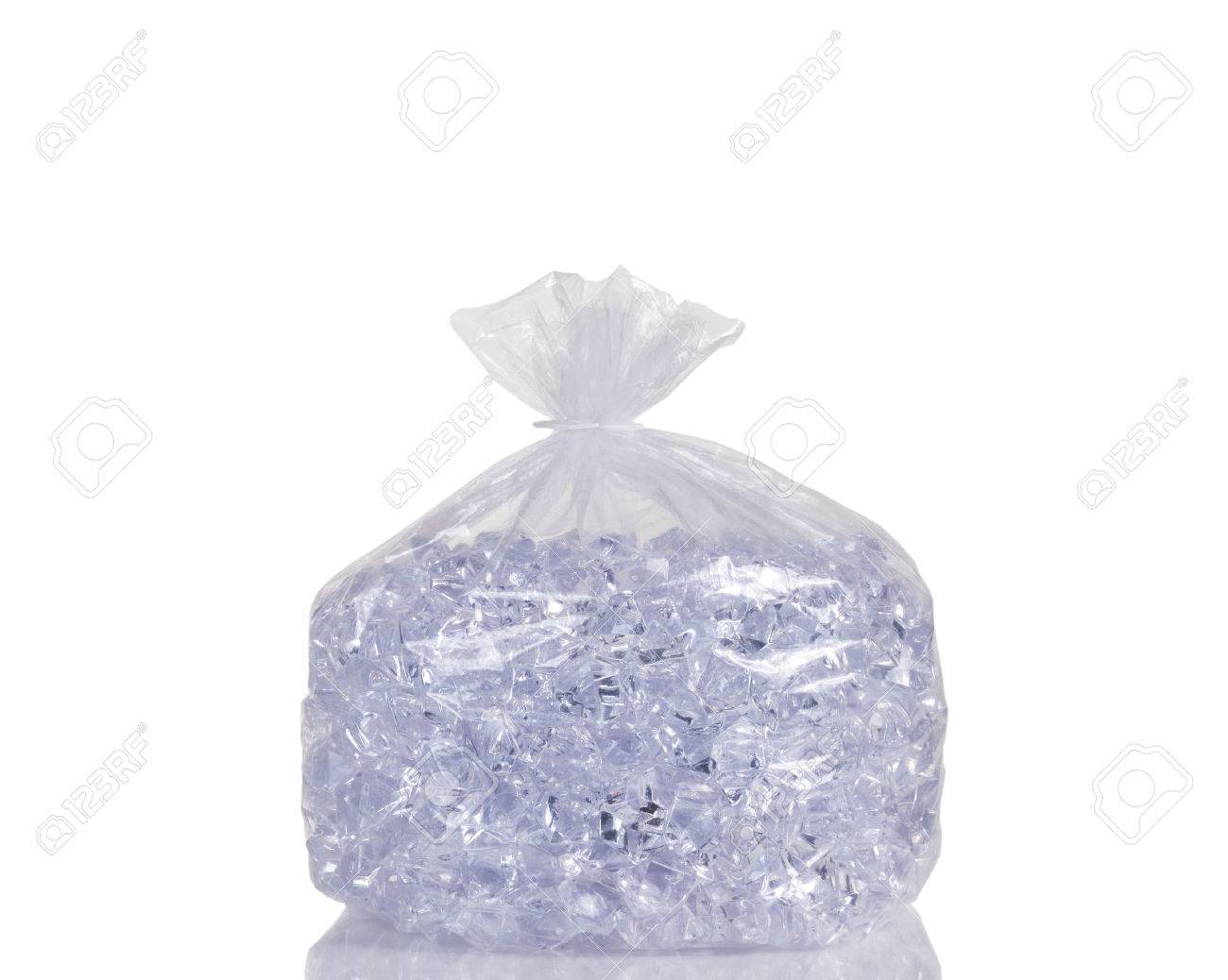 big of ice cubes in clear plastic bag isolated on white with stock