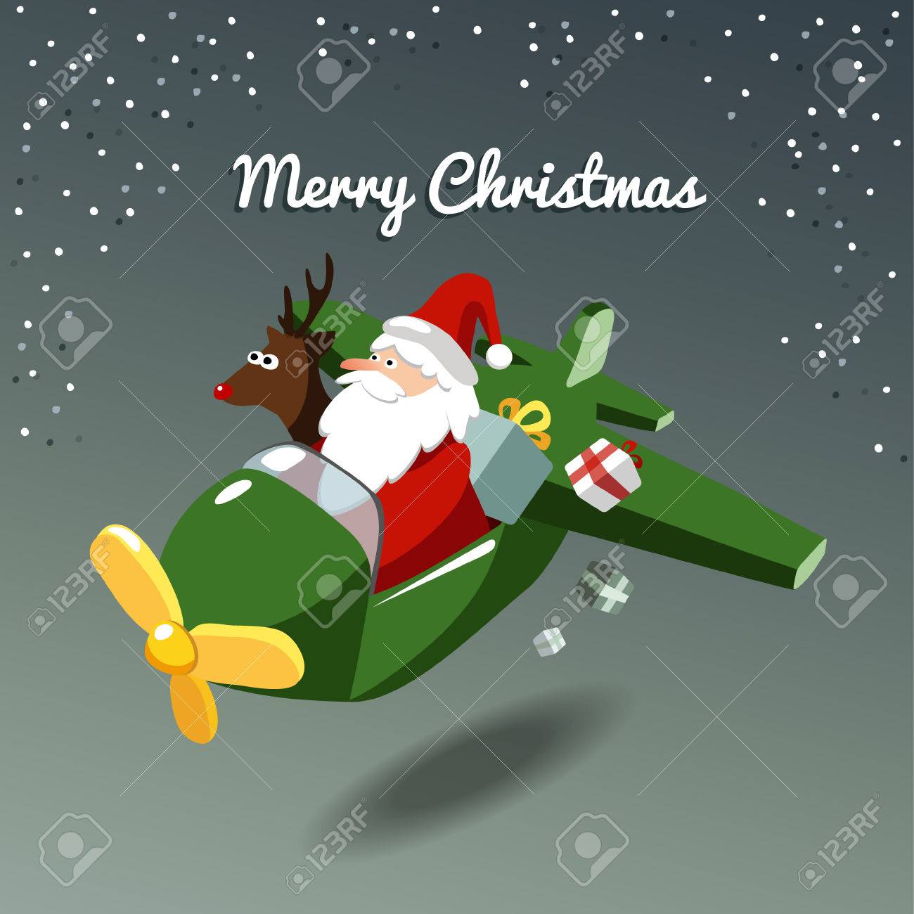 Cute Christmas Card With Santa Claus And Reindeer Rudolph Flying