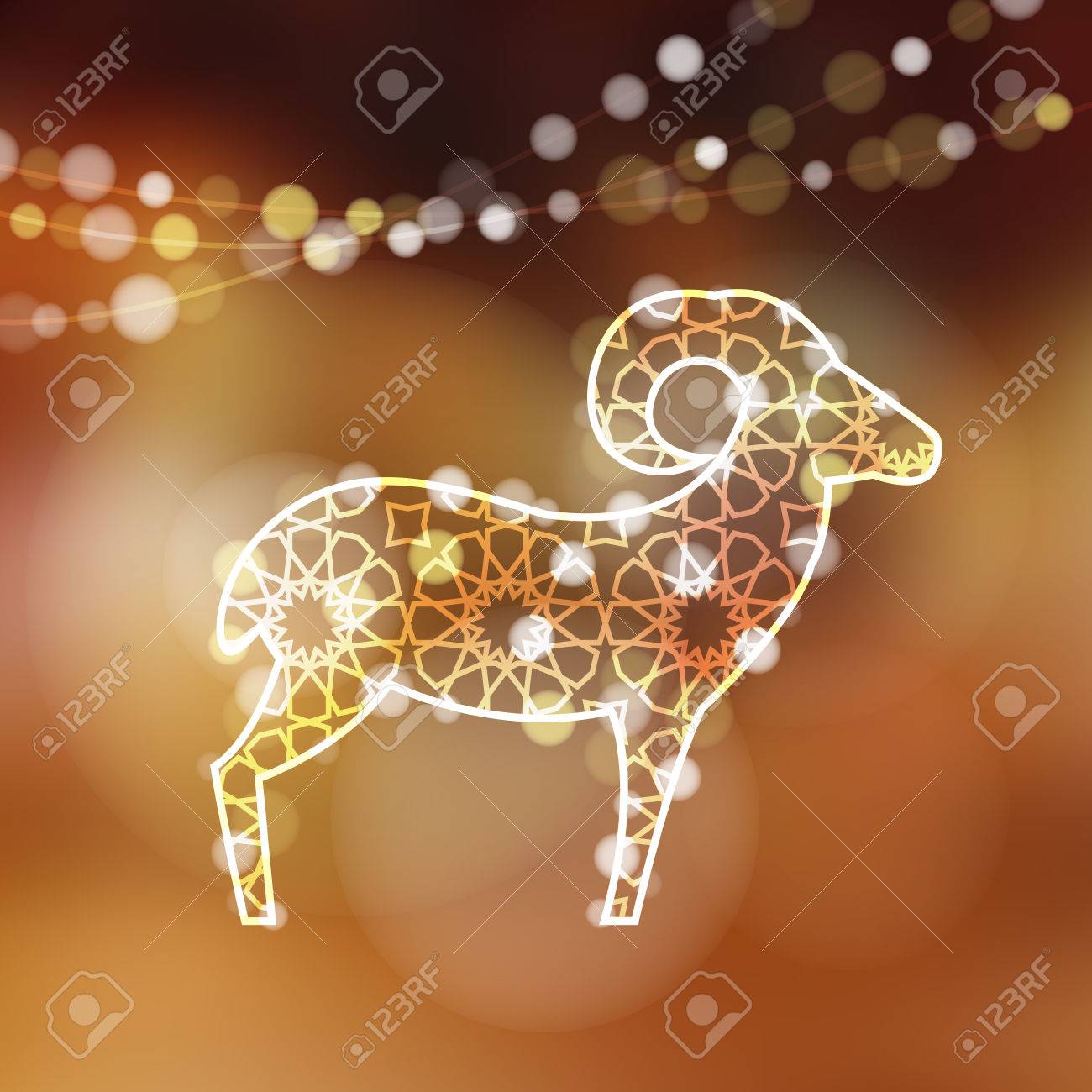 Greeting card with silhouette of ornamental sheep illuminated by lights, vector illustration background for Eid Ul Adha holiday - 44255559 Greeting card with silhouette of ornamental sheep illuminated by lights, vector illustration background for Eid Ul Adha holiday - 44255559